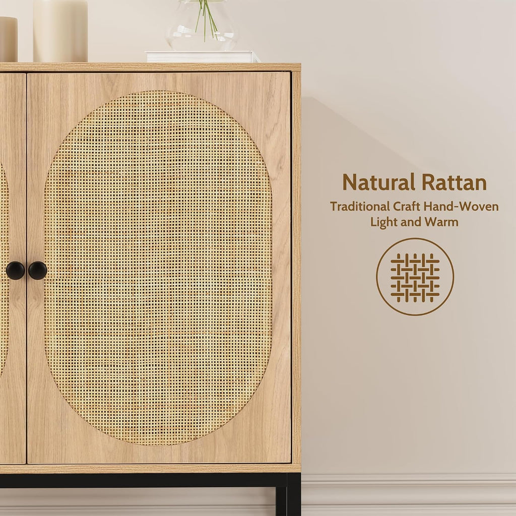 Yechen Set of 2 63' Sideboard Cabinet with Natural Rattan Hand-Woven Doors, Rattan Cabinet, Accent Buffet Storage Console Cane Credenza, for Living Room Entryway, Metal Legs/Natural