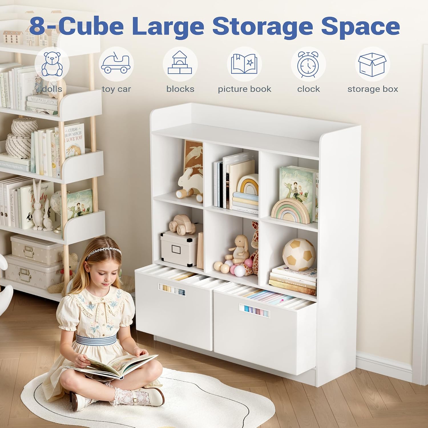 Housoul 8 Cube Kids Bookshelf with Fabric Drawers, 3-Tier Wooden Open Shelf Bookcase, Freestanding Book Shelves, Kids Bookcase Cubby Storage Organizer for Living Room, Office, White