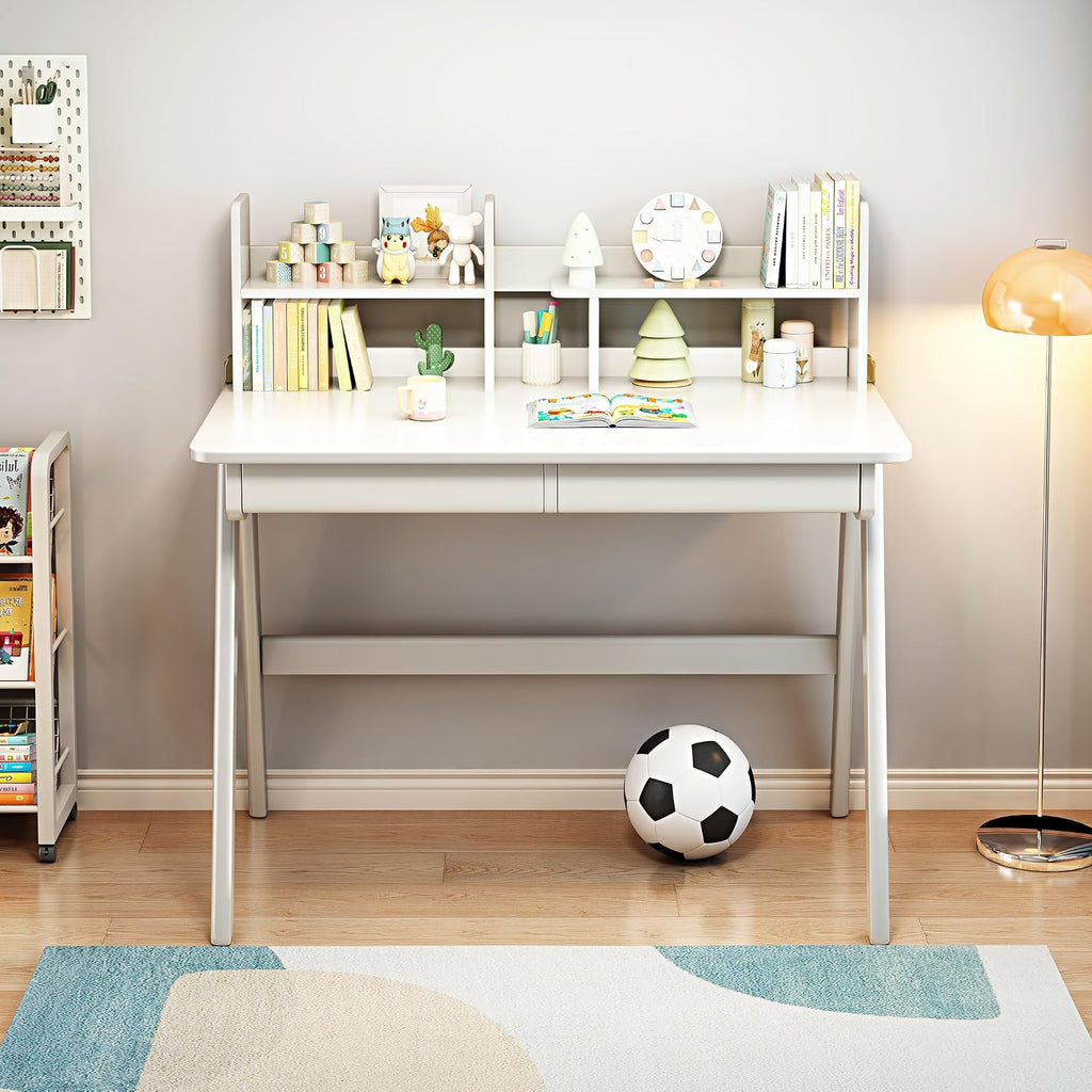 Kids Desk＆Table Rubber Wood Children's Study Desk with Bookshelf and Two Drawers for 3 Years and Above Student's Study Computer Workstation & Writing Table for Home Use(White