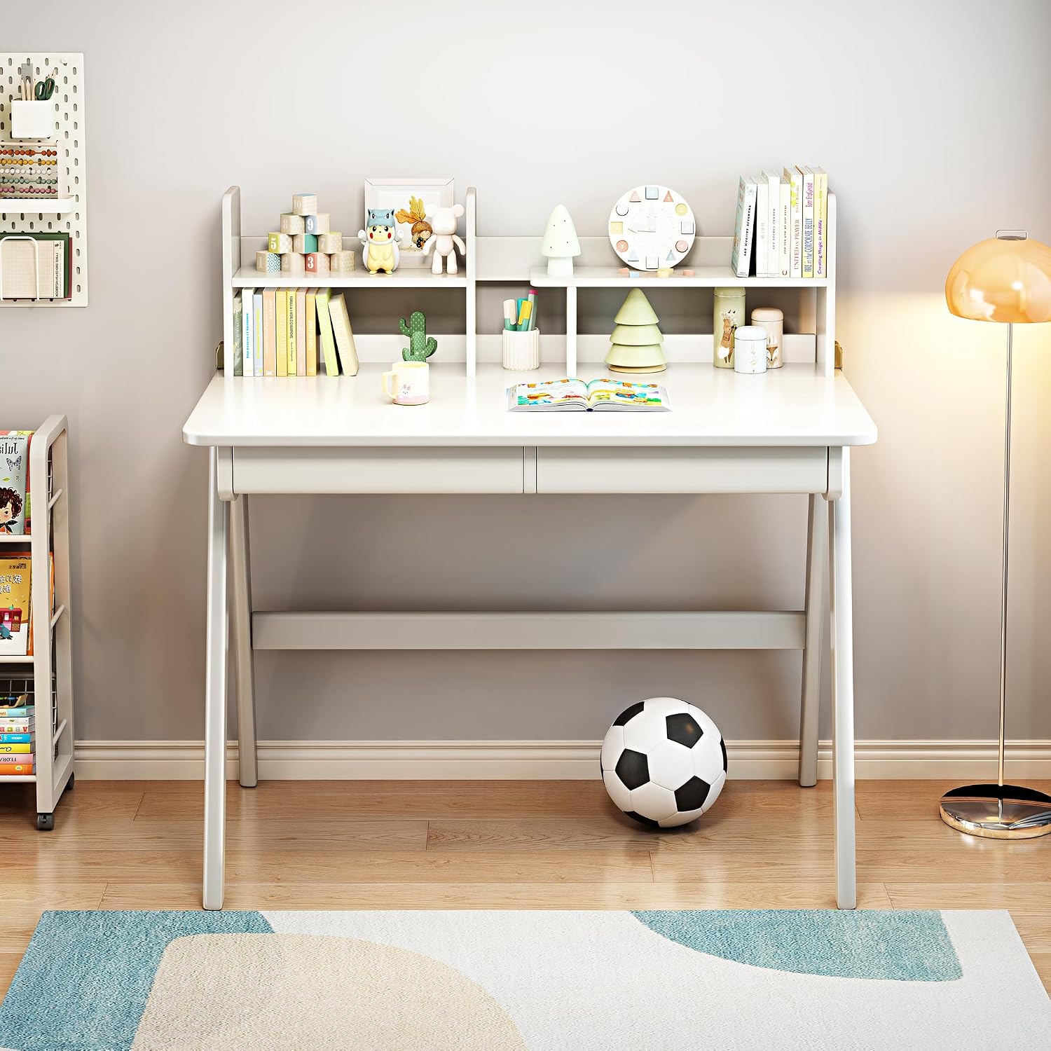 Kids Desk＆Table Rubber Wood Children's Study Desk with Bookshelf and Two Drawers for 3 Years and Above Student's Study Computer Workstation & Writing Table for Home Use(White