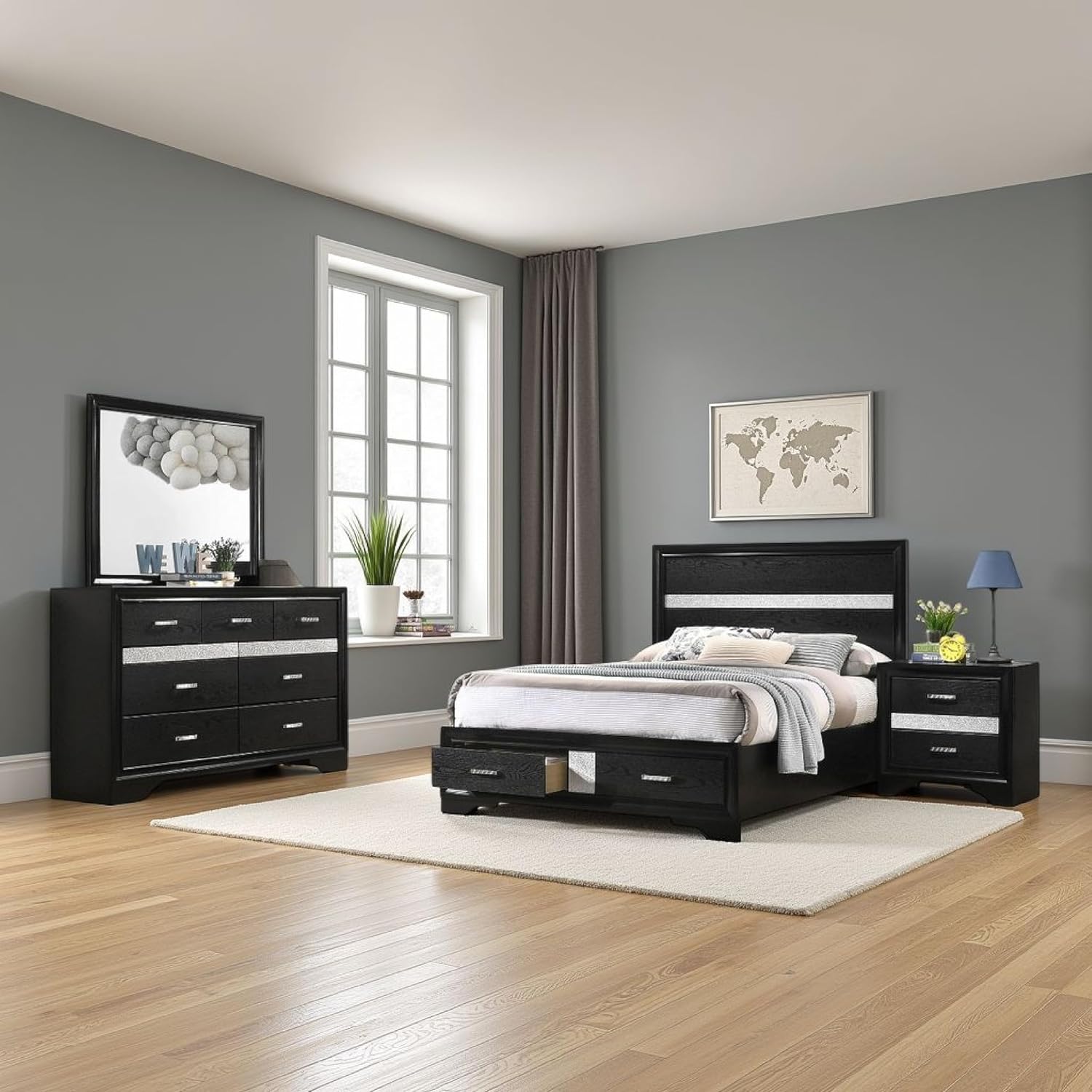 Benjara Vino 4pc Full Bedroom Set- Storage Footboard- Black/Glitter Stripes