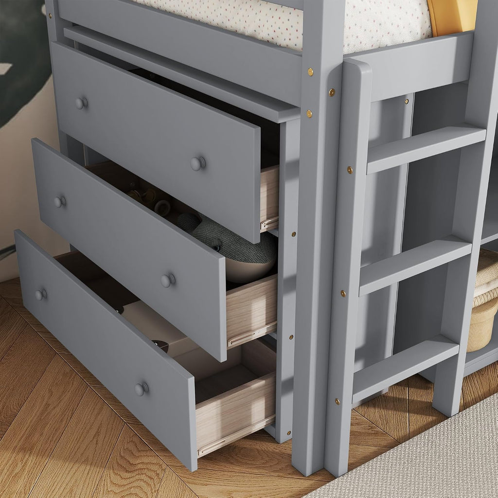 Twin Loft Bed, Multifunctional Loft Bed with Drawer Cabinet, Shelf Cabinet and Pulling-Out Desk, Flexible Under-bed Storage Space, Rubber Wood Loft Bed with Safety Guardrail and Ladder (Grey/261)