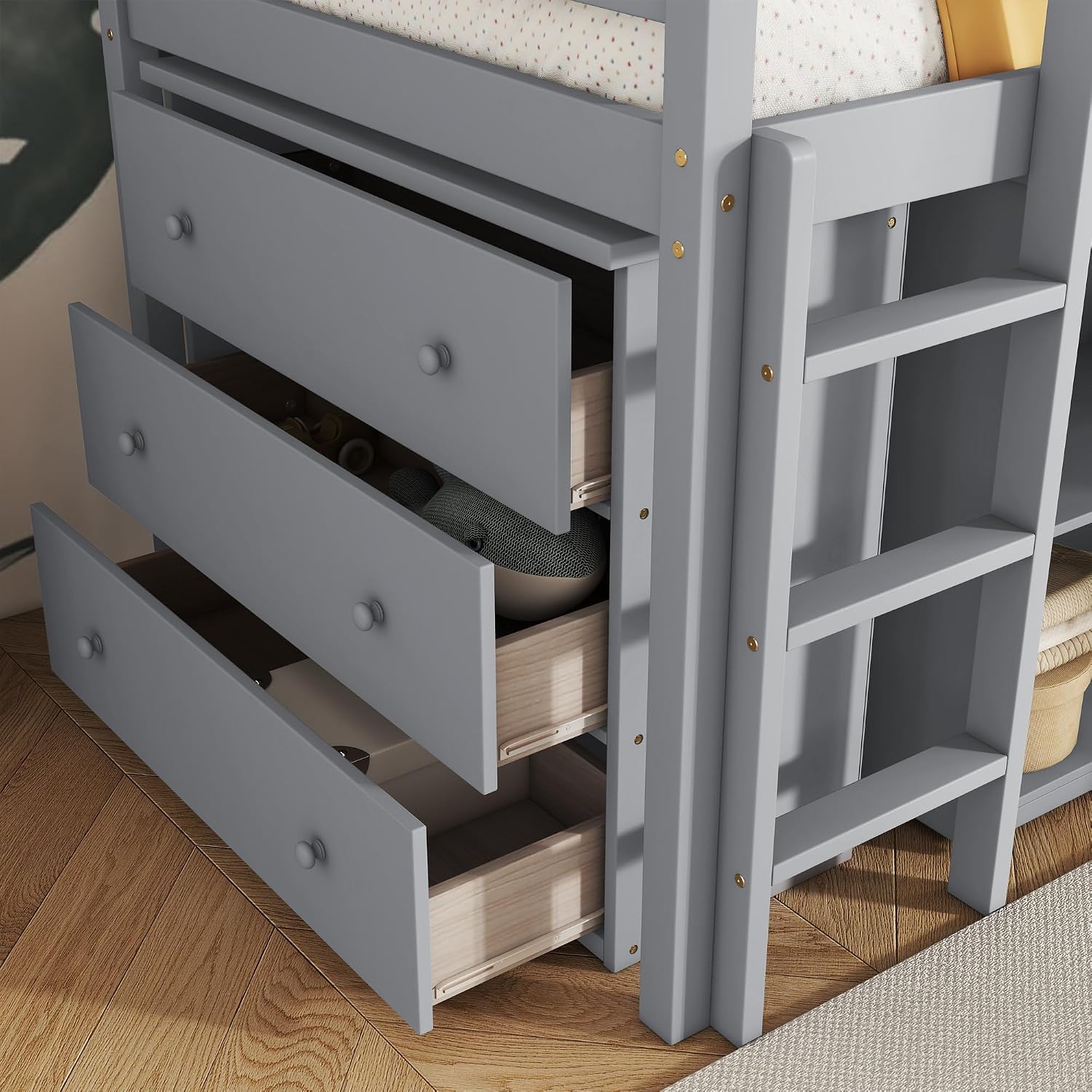 Twin Loft Bed, Multifunctional Loft Bed with Drawer Cabinet, Shelf Cabinet and Pulling-Out Desk, Flexible Under-bed Storage Space, Rubber Wood Loft Bed with Safety Guardrail and Ladder (Grey/261)