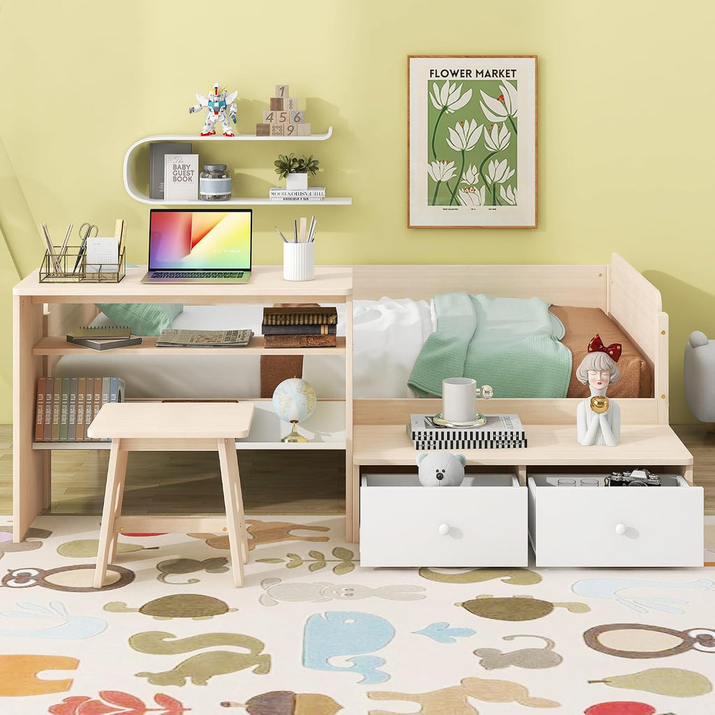 Functional Design Twin Size Platform Bed Daybed with 2 Drawers and 1 Chair&Desk Set, Solid Wood Daybed Frame with Full-Length Guardrails for Kids Boys Girls, Sturdy Slat Support (Natural+White)