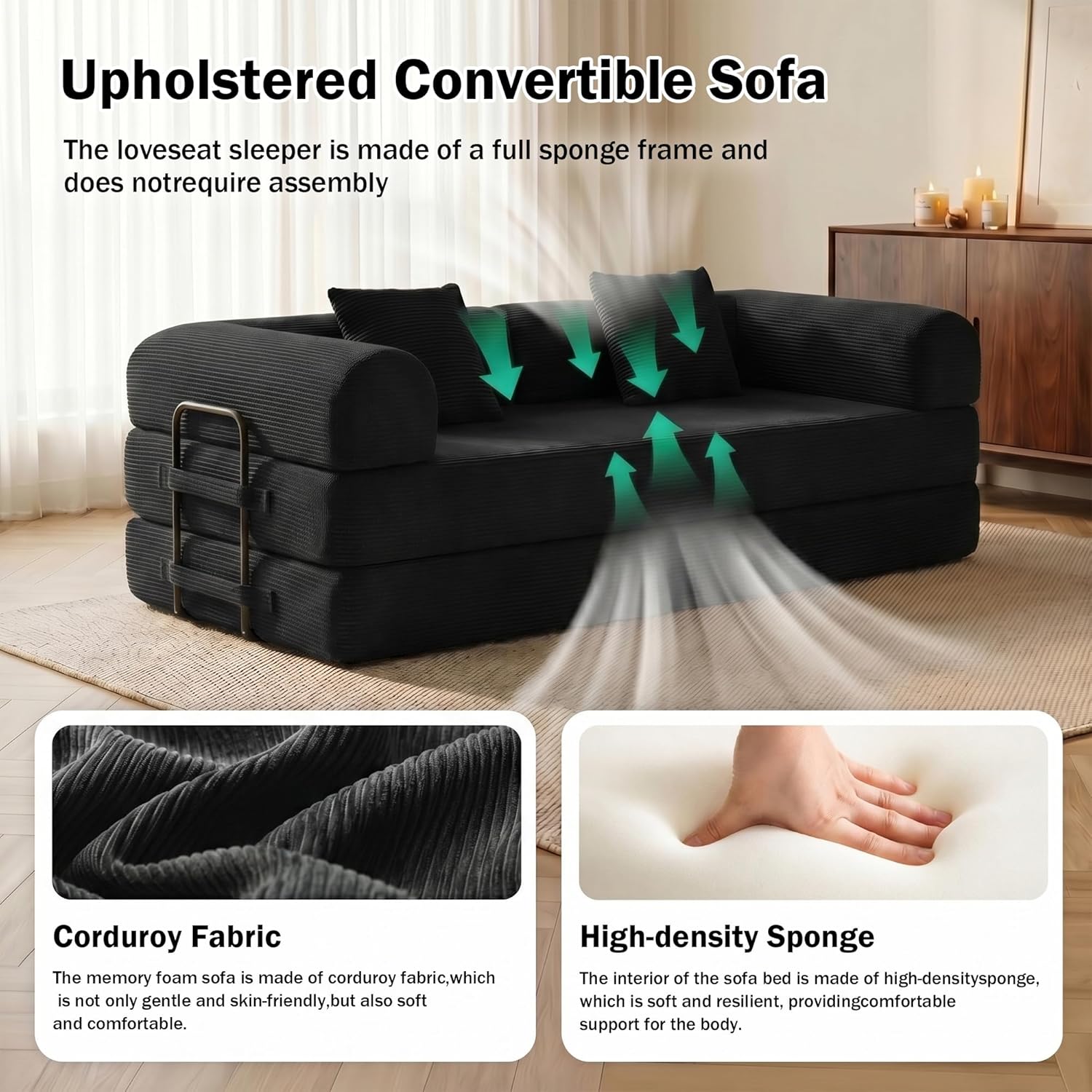 79'' Convertible Sofa Bed, 5-in-1 Folding Sleeper Couch with Pull Out Bed, Corduroy Modular Floor Sofa for Living Room Apartment Dorm, No Assembly Space Saver (Black)