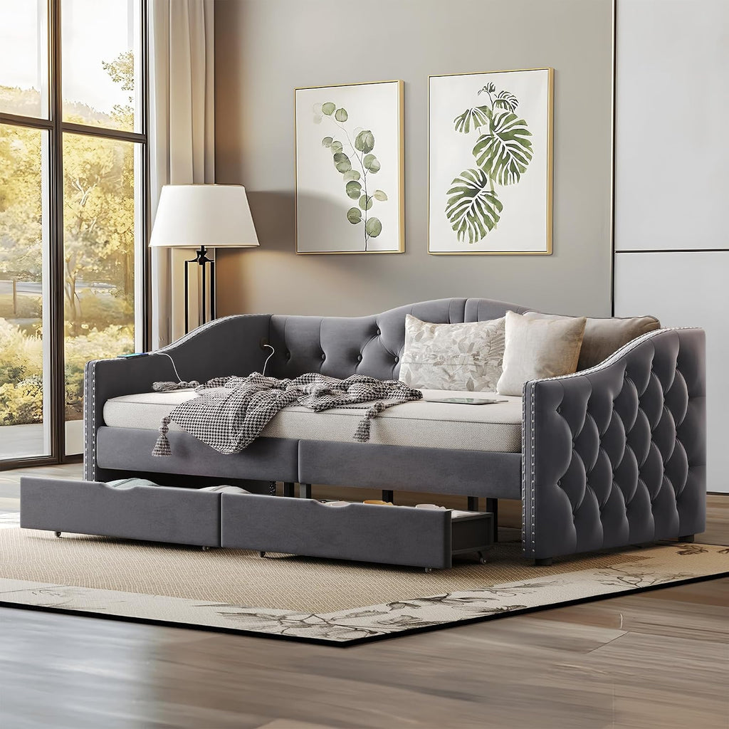 Twin Size Daybed with Storage Drawers, Upholstered Daybed with 2 USB Ports, Sturdy Metal and Wood Frame,Day Bed for Bedroom, No Box Spring Needed, Grey