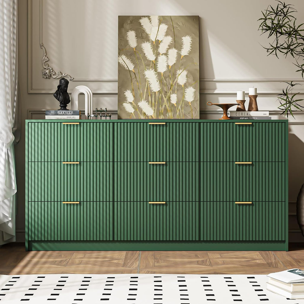 MAISONARIA Green 9 Drawer Dresser for Bedroom, 63' Wide Modern Fluted Dresser with Gold Metal Handles, Chest of Drawers for Bedroom, Living Room, Entryway, Hallway
