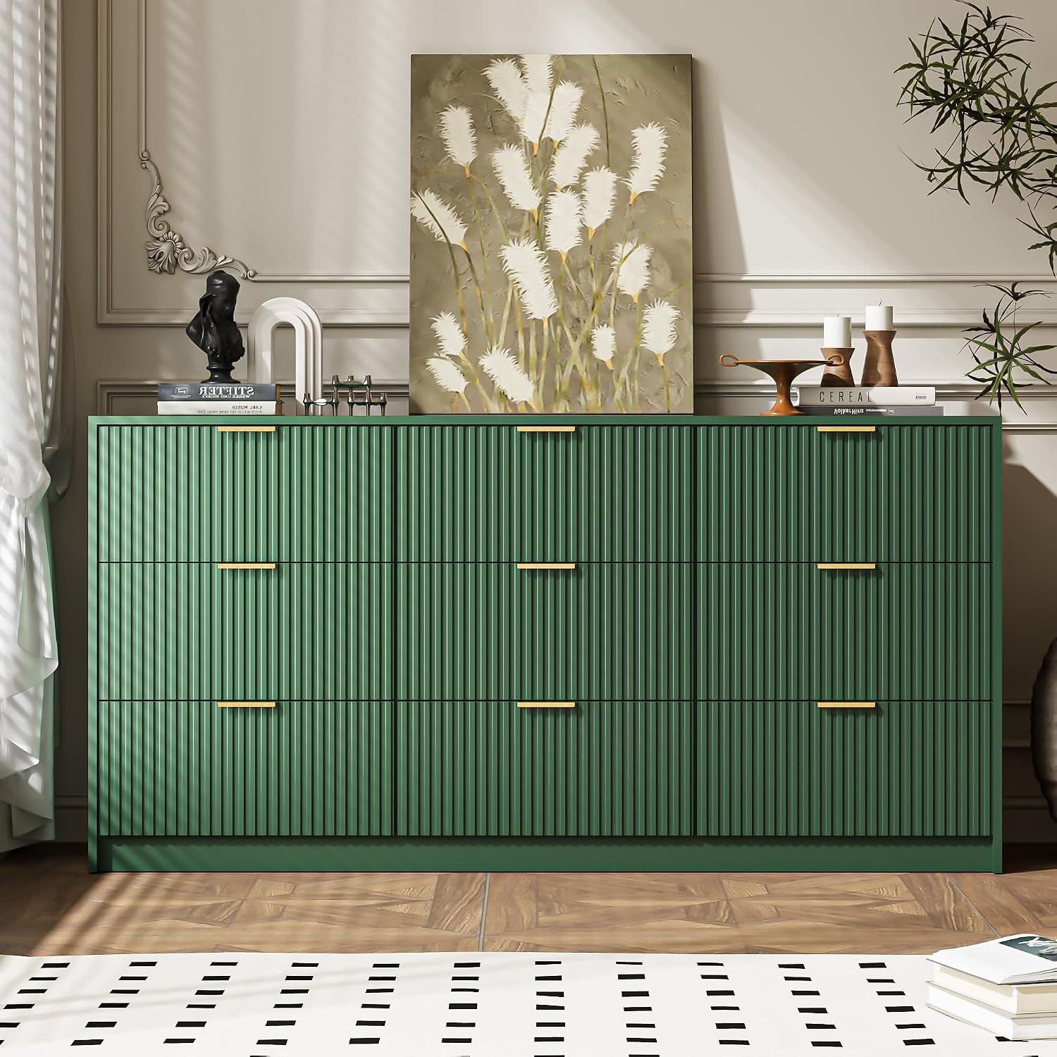 MAISONARIA Green 9 Drawer Dresser for Bedroom, 63' Wide Modern Fluted Dresser with Gold Metal Handles, Chest of Drawers for Bedroom, Living Room, Entryway, Hallway