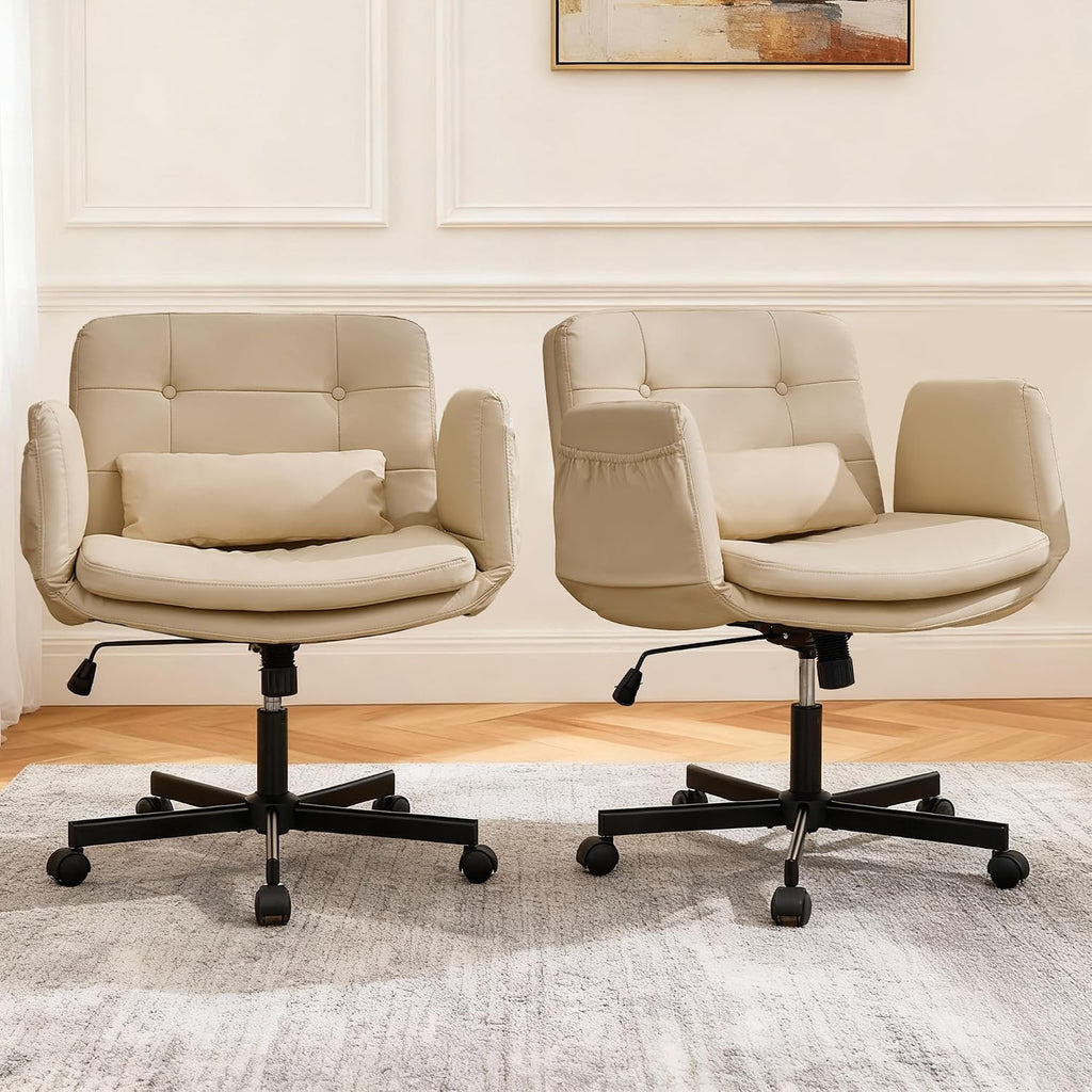 Criss Cross Chair with Wheels & Outward-Folding Armrests, Cross Legged Office Chair with Storage Pockets, Comfortable Adjustable Swivel Vanity Chair for Home, Living Room, Bedroom (Beige,Set of 2)
