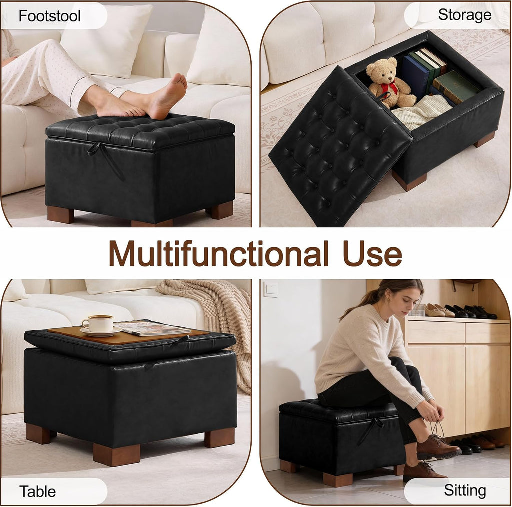 WUTUTUEE 24' Faux Leather Square Storage Ottoman with Wooden Tray, Modern Tufted Button Footstool Coffee Table, Upholstered Small Ottoman for Living Room, Bedroom, Black