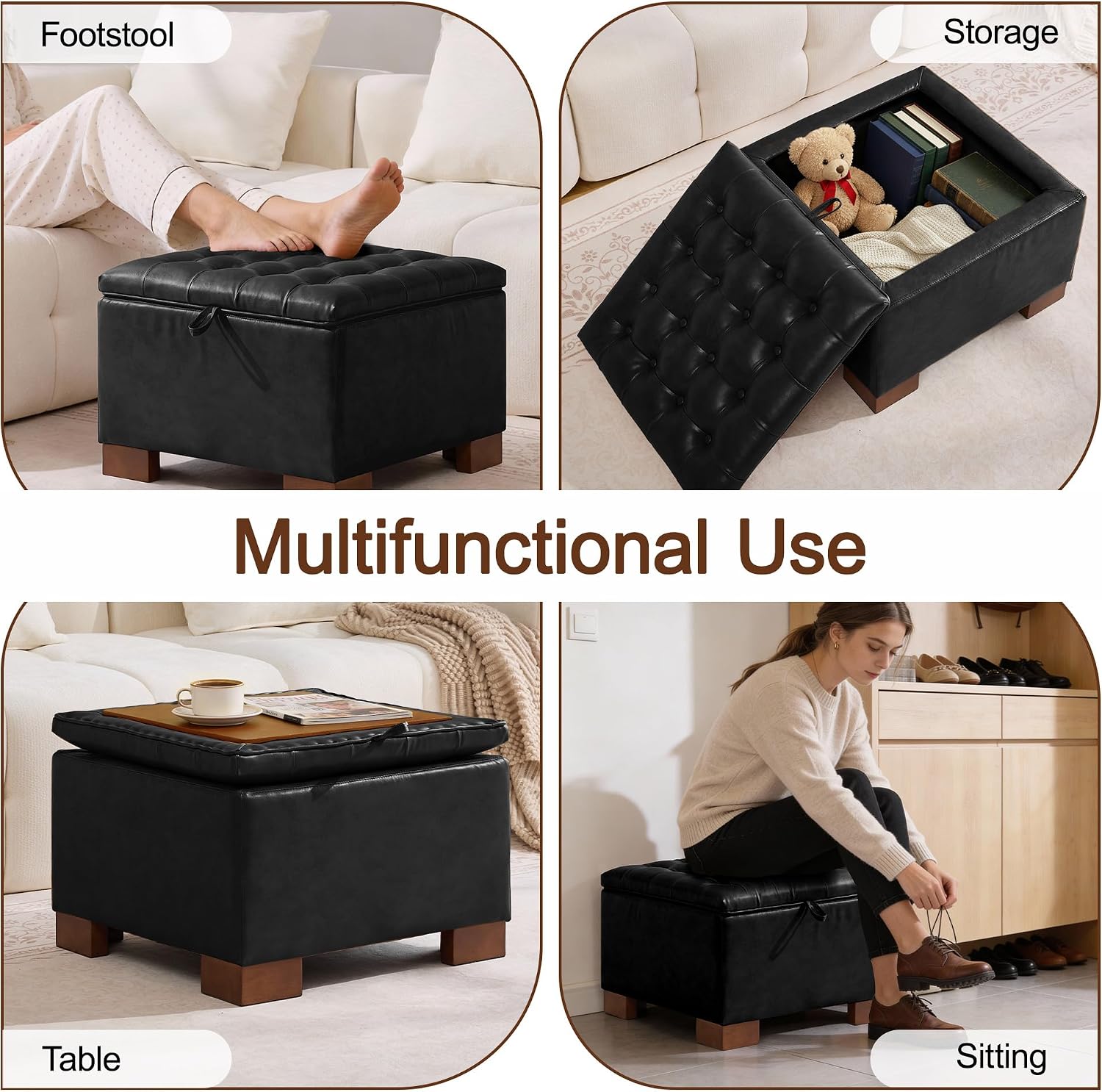 WUTUTUEE 24' Faux Leather Square Storage Ottoman with Wooden Tray, Modern Tufted Button Footstool Coffee Table, Upholstered Small Ottoman for Living Room, Bedroom, Black