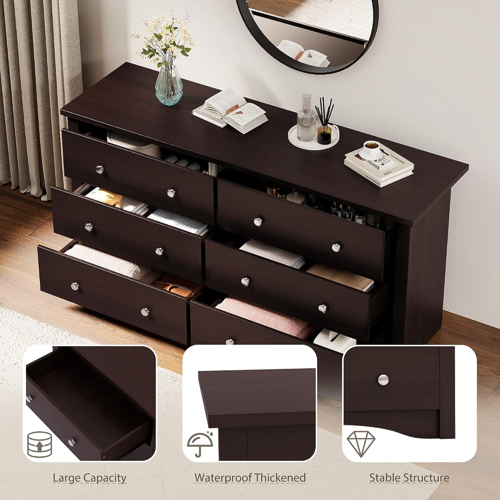 YESHOMY 6 Drawer Dresser for Bedroom, Wood Dresser, Chest of Drawers Storage Organizer, TV Stand for 55 inch TV, for Living Room, Hallway, Closet (Dark Brown)