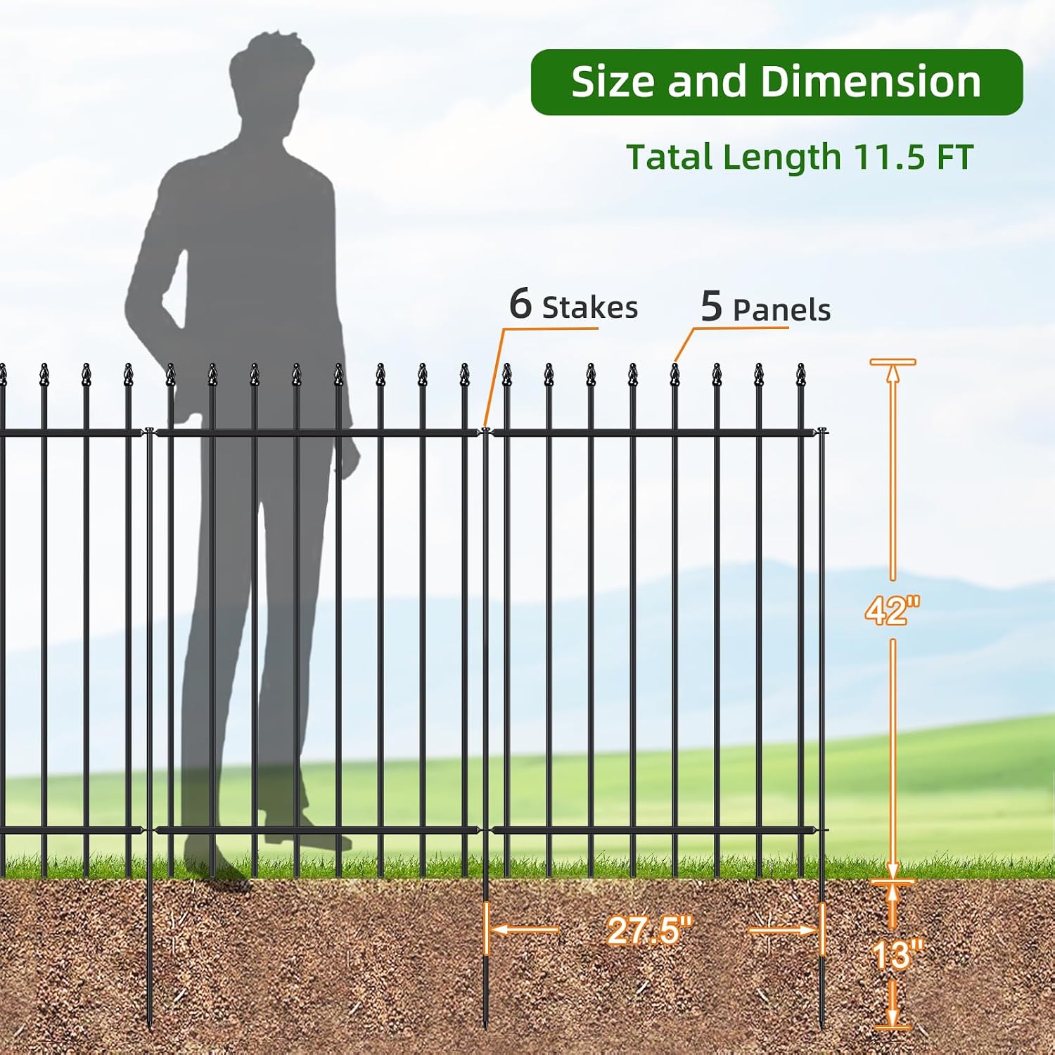 FOREHOGAR Metal Garden Fence 42 in H x 11.5 ft L, Border Fence Panels Animal Barrier for Dogs, No Dig Garden Fencing for Yard Patio Flower Bed Lawn Outdoor, 5 Panels + 6 Stakes Black