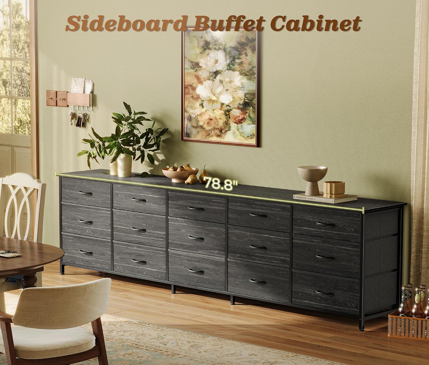 Huuger 78.7 inch Long Dresser for Bedroom, 15 Drawer Fabric Dresser for Closet, Large TV Stand for 65, 75, 85 inch TV, Wide Chest of Drawer with Storage, 78.7' W x 12.9' D x 26.7' H, Charcoal Black