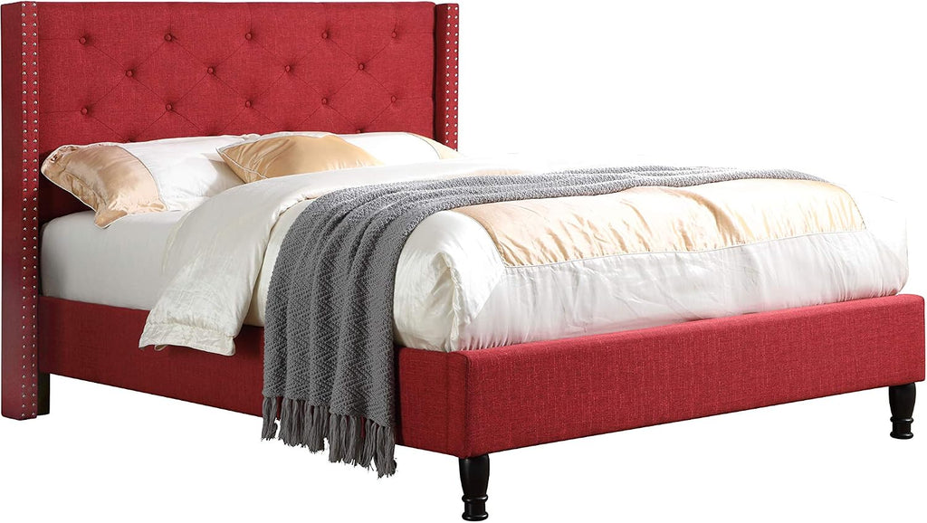 Home Life Premiere Classics Cloth Burgundy Red Linen 51' Tall Headboard Platform Bed with Slats Full - Complete Bed 5 Year Warranty Included 007