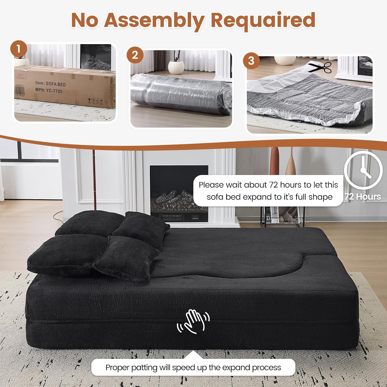 Convertible Folding Sofa Bed, 78' Full Size Loveseat Sleeper Sofa, Chenille Foldable Boneless Floor Couch with 4 Pillows for Guest Living Room Bedroom, No Assembly Required (Black)