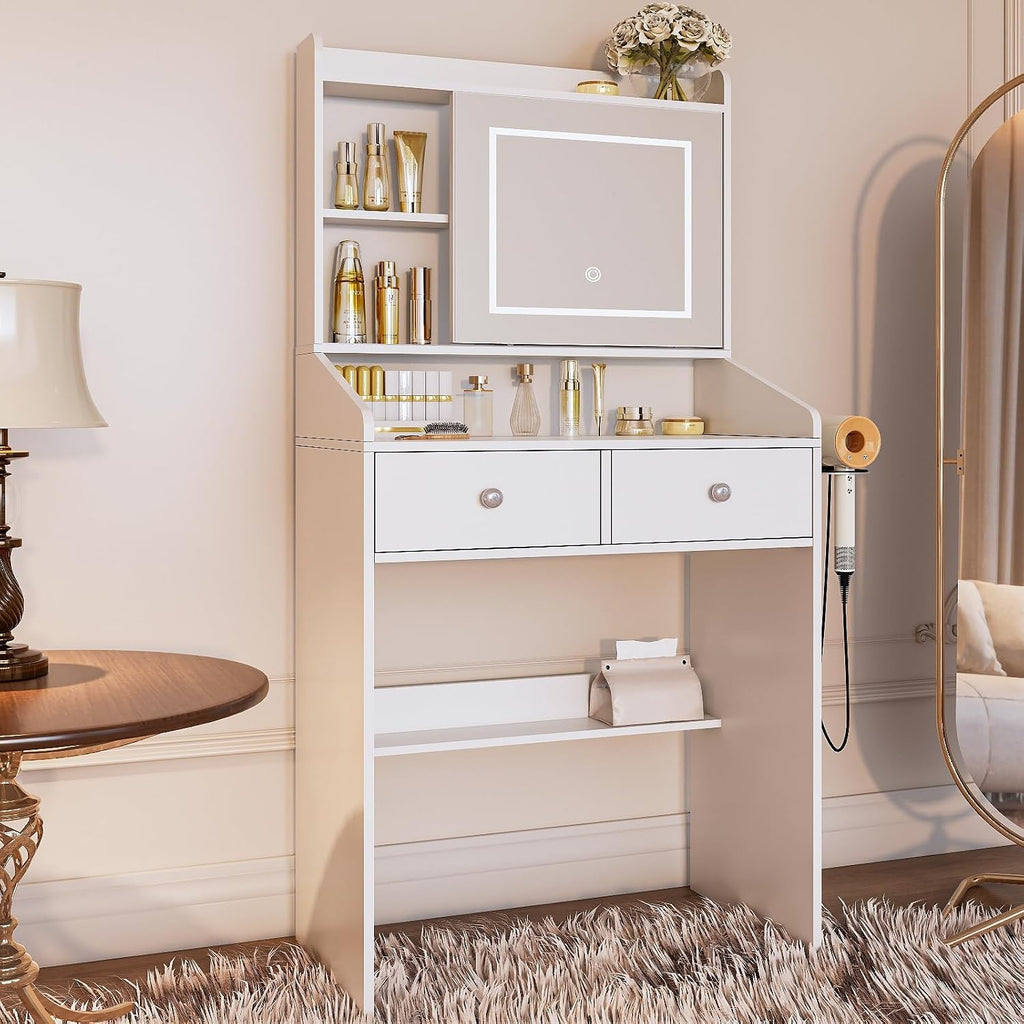 Viaozutis Vanity, Small Vanity Desk with Sliding Mirror, Dimmable LED Lights, 2 Drawers,Vanity Table Ideal for Bedroom (White)