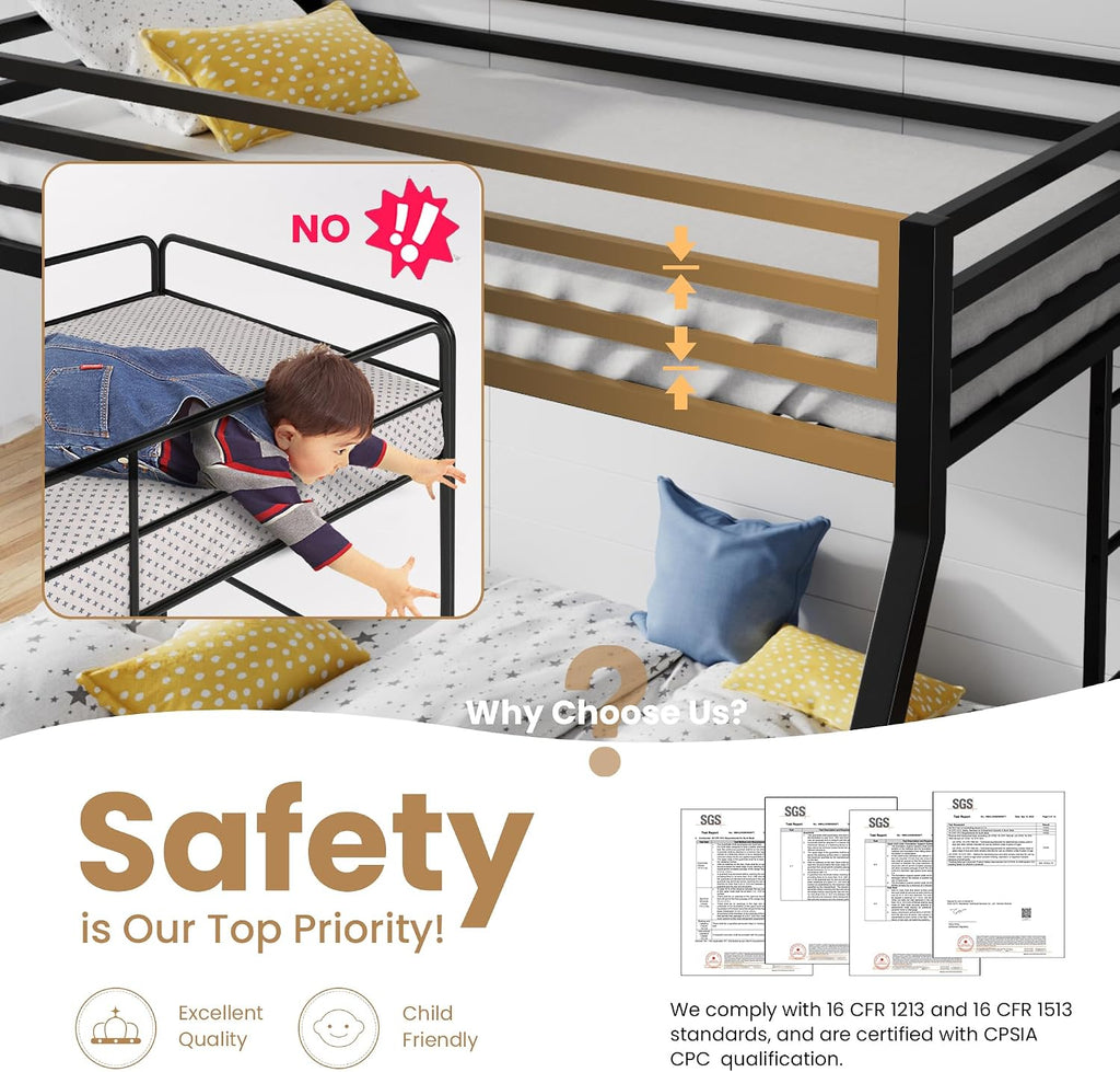 SHA CERLIN Loft Bunk Bed Twin Over Full Size with Ladder and Guardrail,Heavy Duty Metal Slats Support No Box Spring Needed Small Space Saving Furniture for Bedroom Dorm,Black