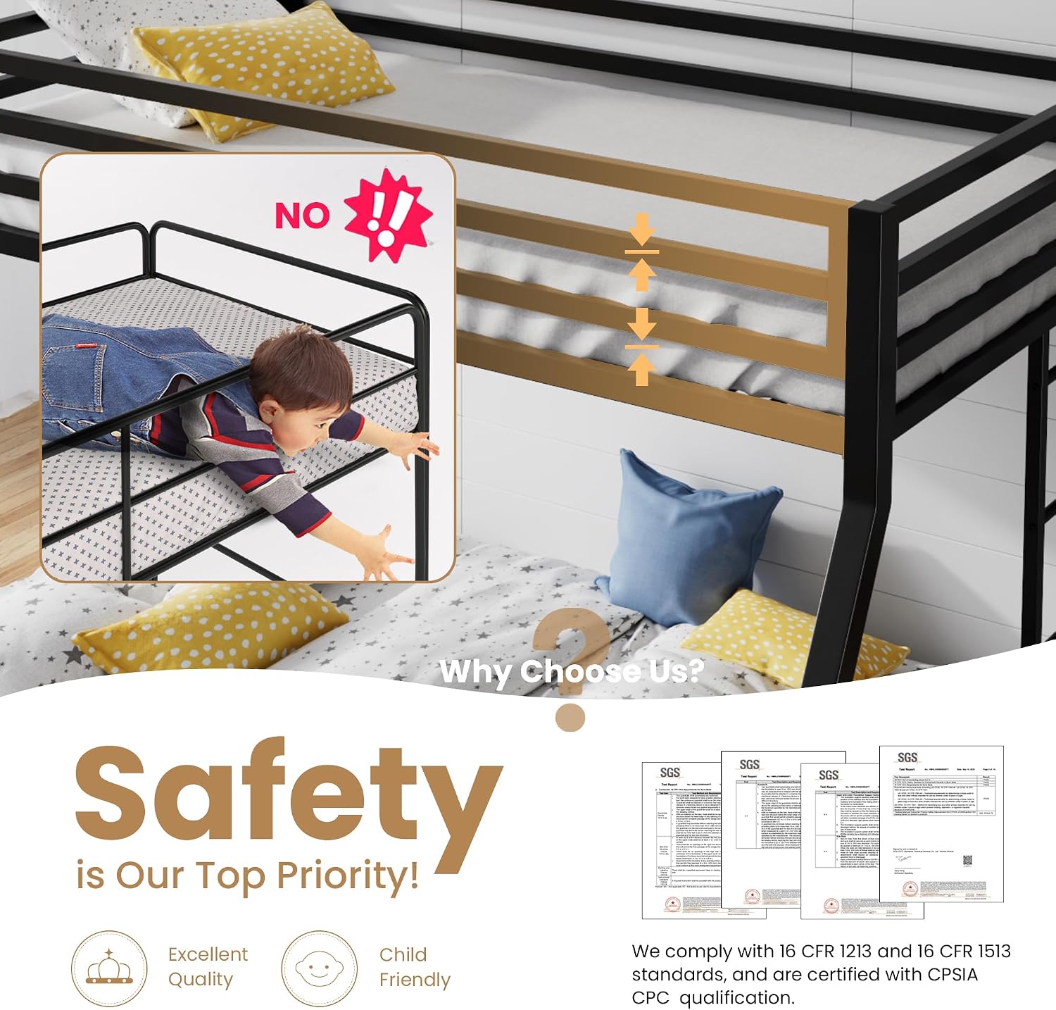 SHA CERLIN Loft Bunk Bed Twin Over Full Size with Ladder and Guardrail,Heavy Duty Metal Slats Support No Box Spring Needed Small Space Saving Furniture for Bedroom Dorm,Black