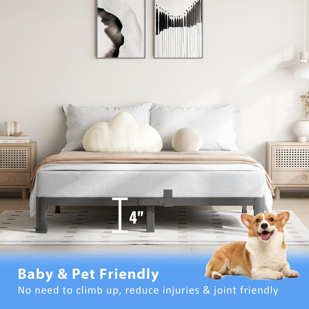 VIPSHOW 4 Inch Full Size Bed Frame, 3500Lbs Heavy Duty Metal Platform with Round Corner Legs Mattress Slide Stopper, Steel Slat Support No Box Spring Needed, Noise Free, Non-Slip, Easy Assembly