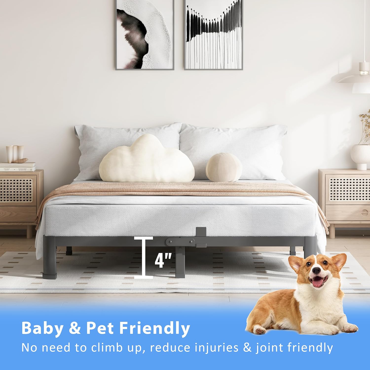 VIPSHOW 4 Inch King Size Bed Frame, 3500Lbs Heavy Duty Metal Platform with Round Corner Legs Mattress Slide Stopper, Steel Slat Support No Box Spring Needed, Noise Free, Non-Slip, Easy Assembly