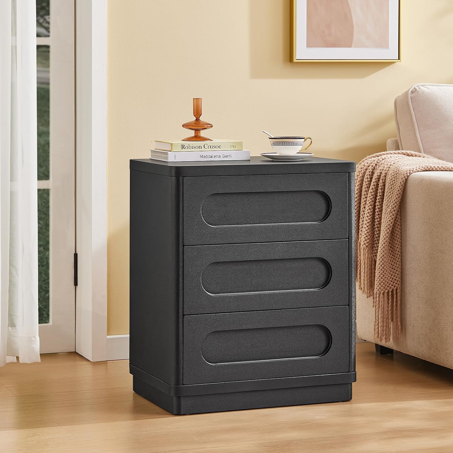 26.2' Tall Nightstand Set of 2, 21.7' W Night Stand with 3 Storage Drawers, Wood Beside Table, Rounded Corner Design for Bedroom (Black)