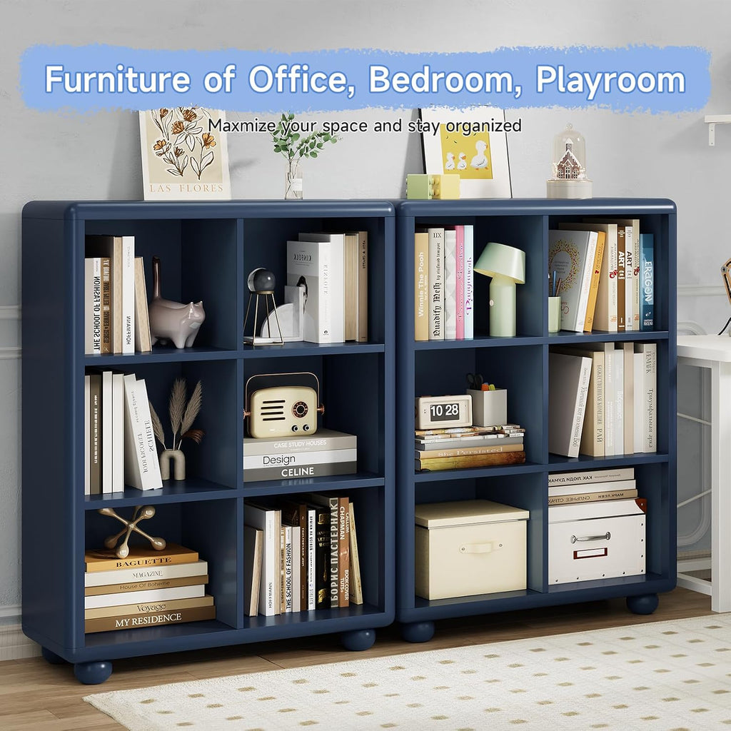 Kids Bookshelf, Large Wooden Bookcase with 6 Cube Storage, Girl Toy Storage Organizer Cabinet with Child Safe Paint&Thick Board, Boy Tall Book Shelves Nook for Office Playroom Living Room (Navy Blue)