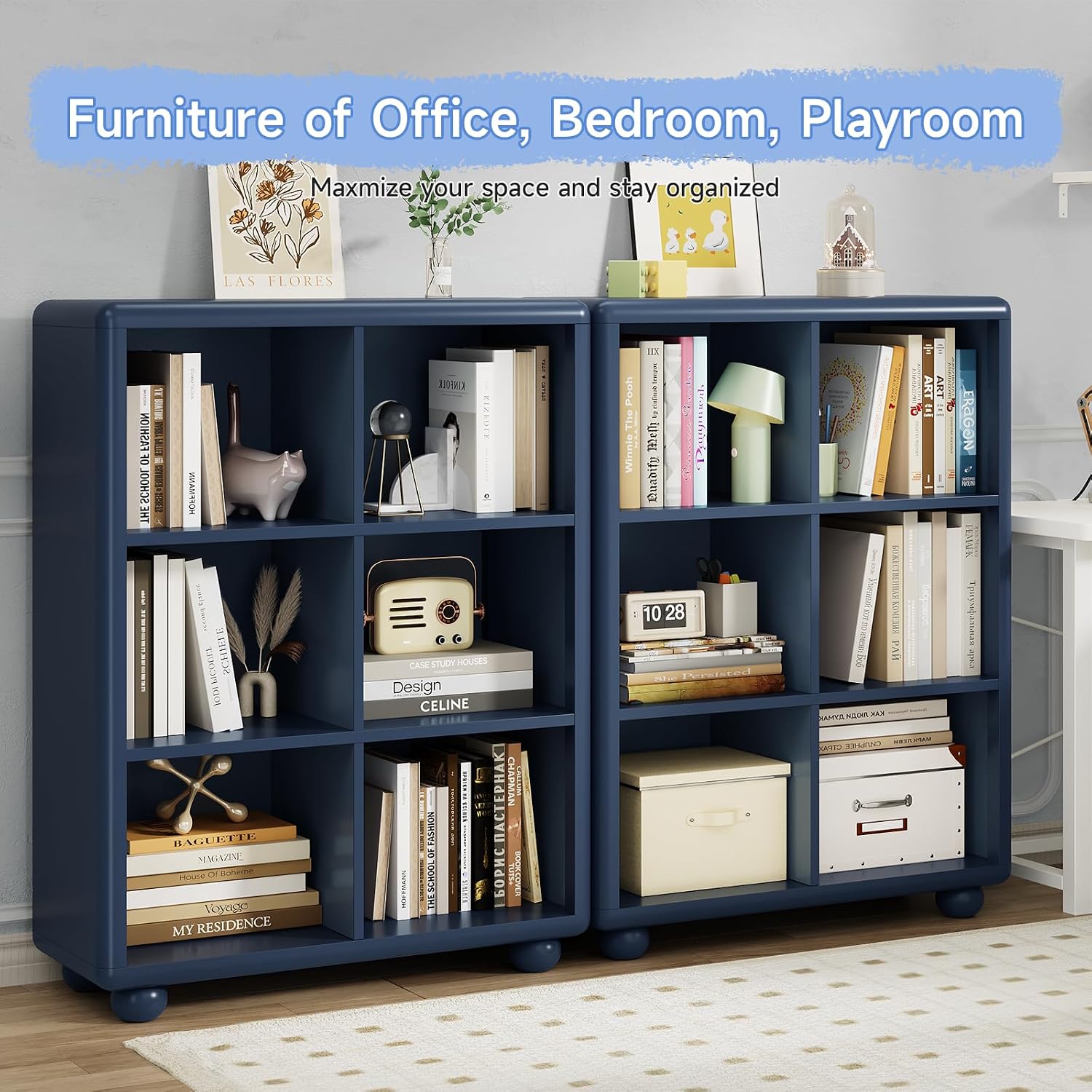 Kids Bookshelf, Large Wooden Bookcase with 6 Cube Storage, Girl Toy Storage Organizer Cabinet with Child Safe Paint&Thick Board, Boy Tall Book Shelves Nook for Office Playroom Living Room (Navy Blue)