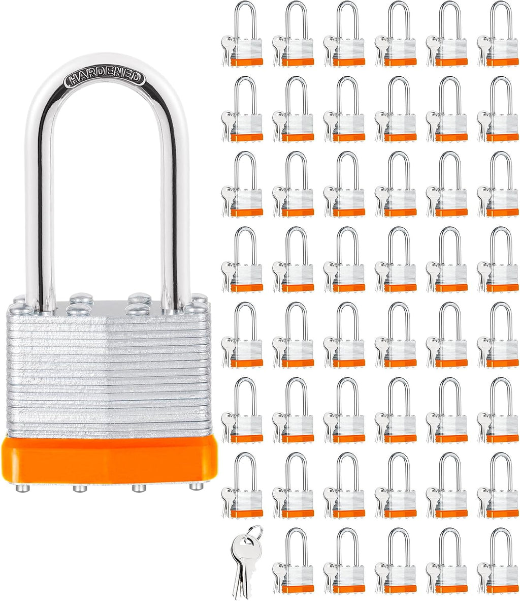 48Pcs Padlocks with Same Keys,Laminated Steel Orange Silver(1-9/16',40mm),Long Shackle for Sheds,Gates,Fences,Toolbox,Outdoor and Indoor Use