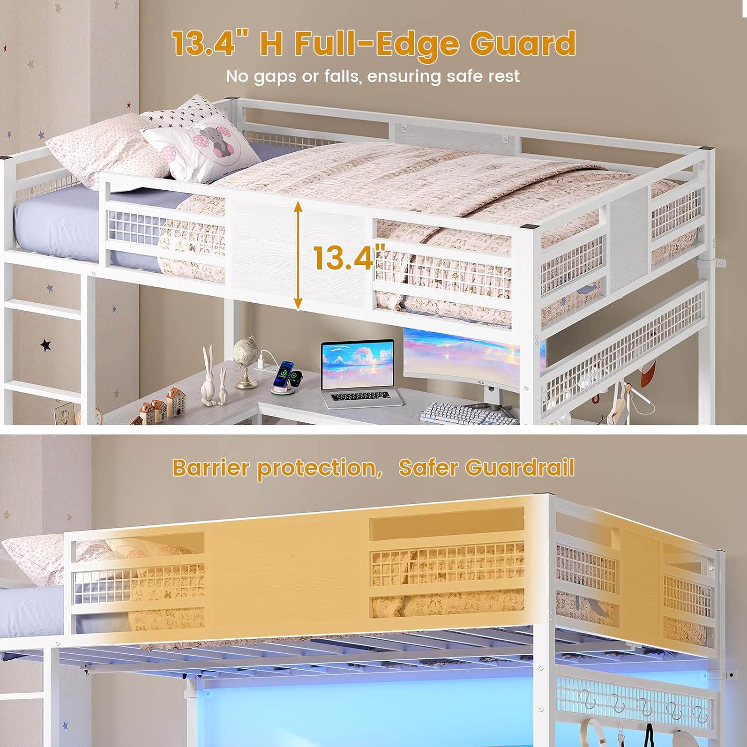 ADORNEVE Loft Bed Full Size with L-Shaped Desk, 3 Storage Drawers, Power Outlet, 3 Storage Shelves, Metal Loft Bed Frame with RGB Lights, Bed with Safety Guardrail & Ladders,Space-Saving, White