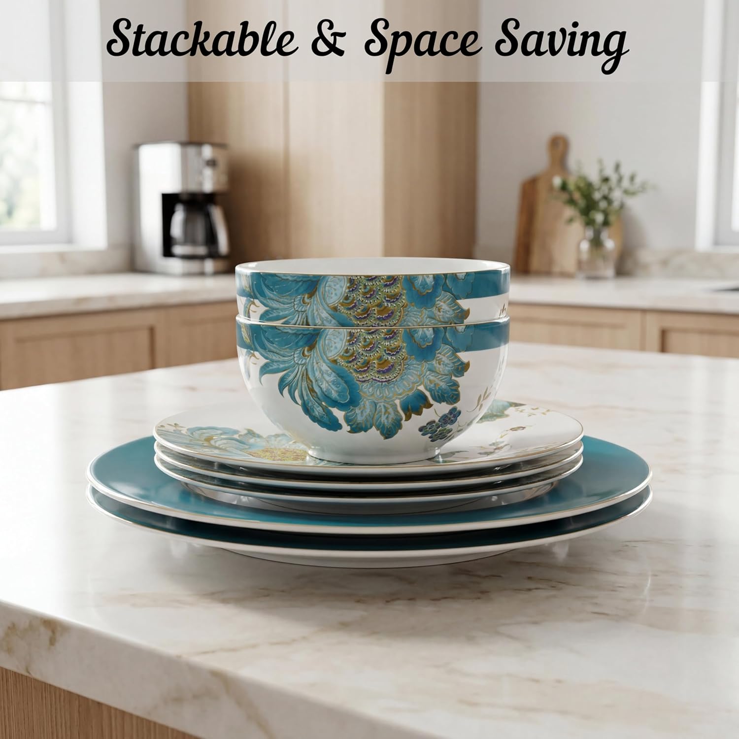 222 Fifth 16-Piece Porcelain Dinnerware Set for 4, Elegant Floral Plates and Bowls Sets-White, Teal, Gold Ceramic Dishes, Chip Resistant Kitchen and Dining Dish Set, Microwave & Dishwasher Safe, Eliza
