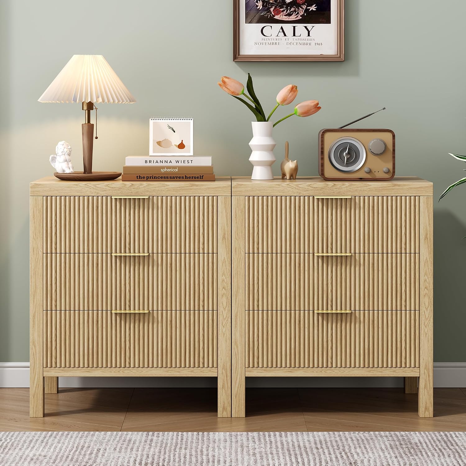 Nightstand with 6 Drawers, Dresser and Nightstand Sets, Bedside Tables, Mid Century Nightstands with 6 Wide Drawers for Bedroom, Kids' Room, Hallway, (Natural X 2pcs)