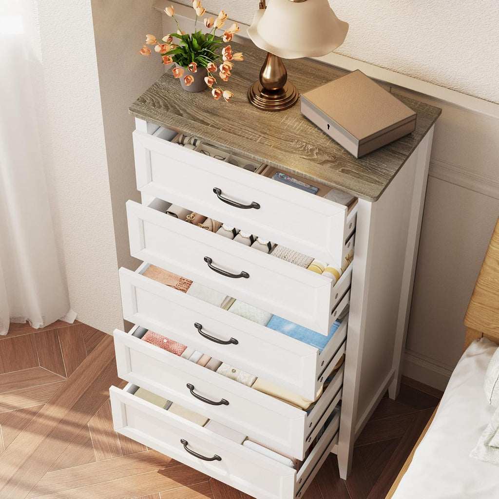 Gizoon 5 Drawer Dresser, 44.8' H Wood Chest of Drawers, White Dresser for Bedroom, with Smooth Rail, Metal Handles, Anti-tip Device, Modern Chest, for Living Room, Hallway, Black