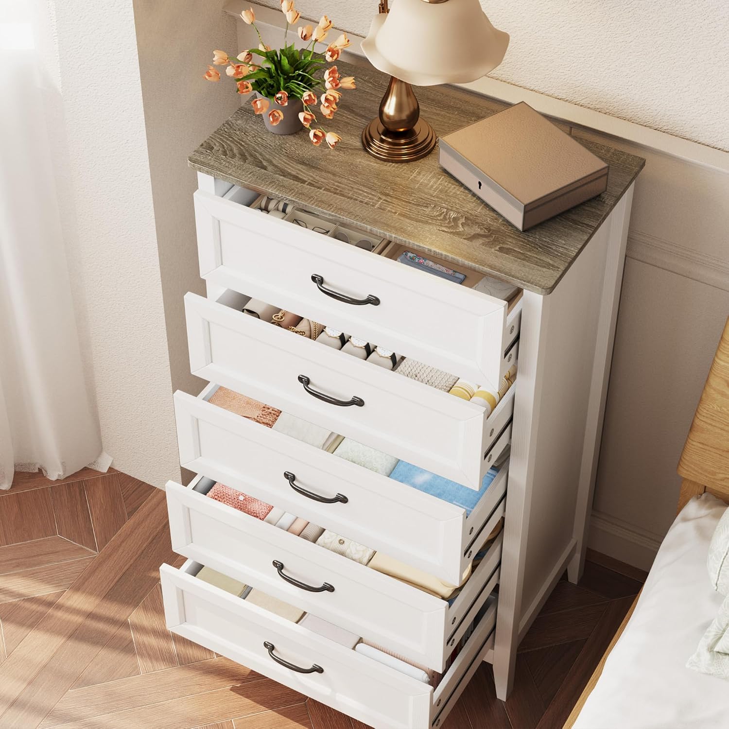 Gizoon 5 Drawer Dresser, 44.8' H Wood Chest of Drawers, White Dresser for Bedroom, with Smooth Rail, Metal Handles, Anti-tip Device, Modern Chest, for Living Room, Hallway, Black