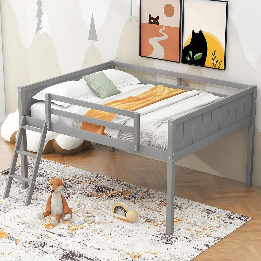 Full Size Loft Bed, Wood Loft Bed with Convertible Ladder, Ladder can be Placed on the Left or Right, Low Loft Bed with Full-Length Guardrails, No Box Spring Required (Gray,Full & Convertible Ladder)