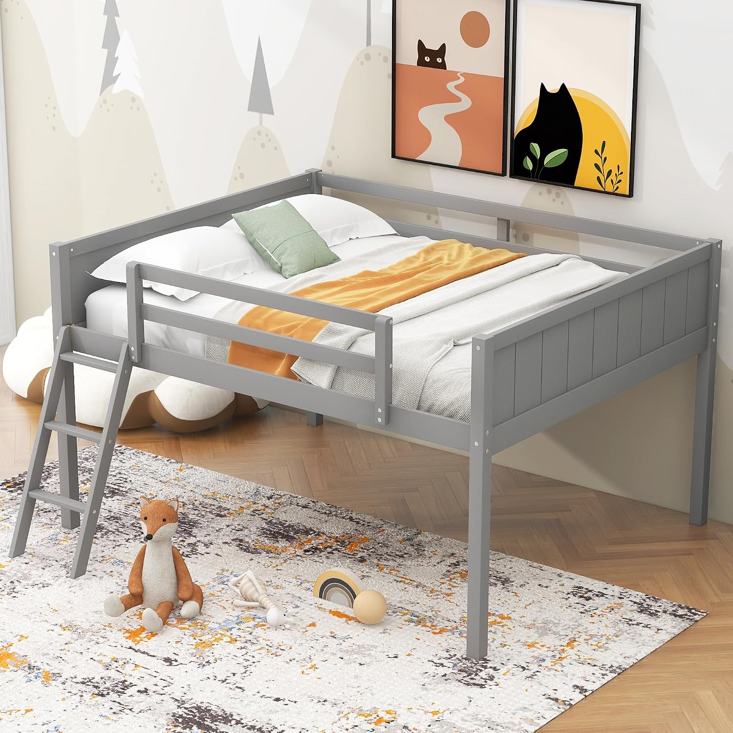 Full Size Loft Bed, Wood Loft Bed with Convertible Ladder, Ladder can be Placed on the Left or Right, Low Loft Bed with Full-Length Guardrails, No Box Spring Required (Gray,Full & Convertible Ladder)