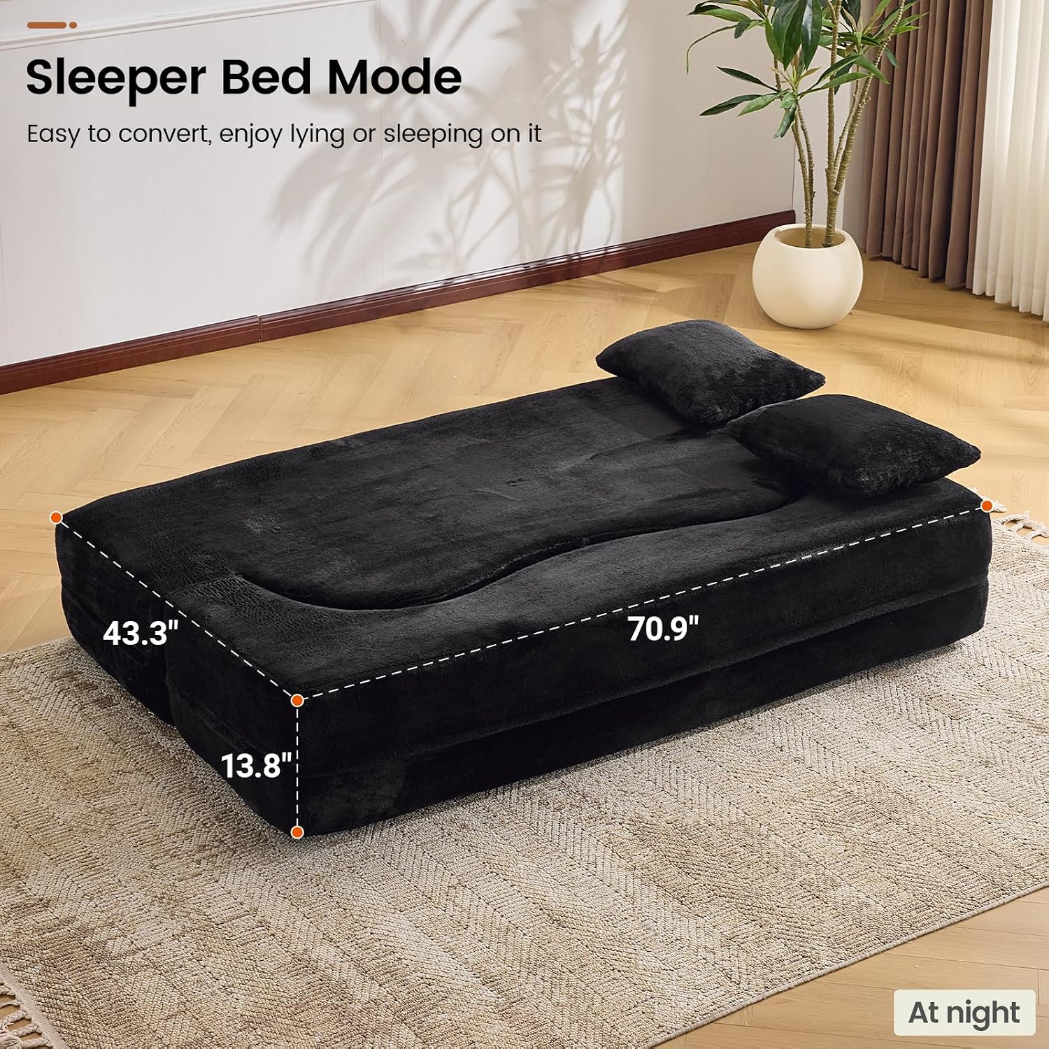 Convertible Folding Sofa Bed, 71' Single Size Loveseat Sleeper Sofa, Chenille Foldable Boneless Floor Couch with 4 Pillows for Guest Living Room Bedroom, No Assembly Required (Black)
