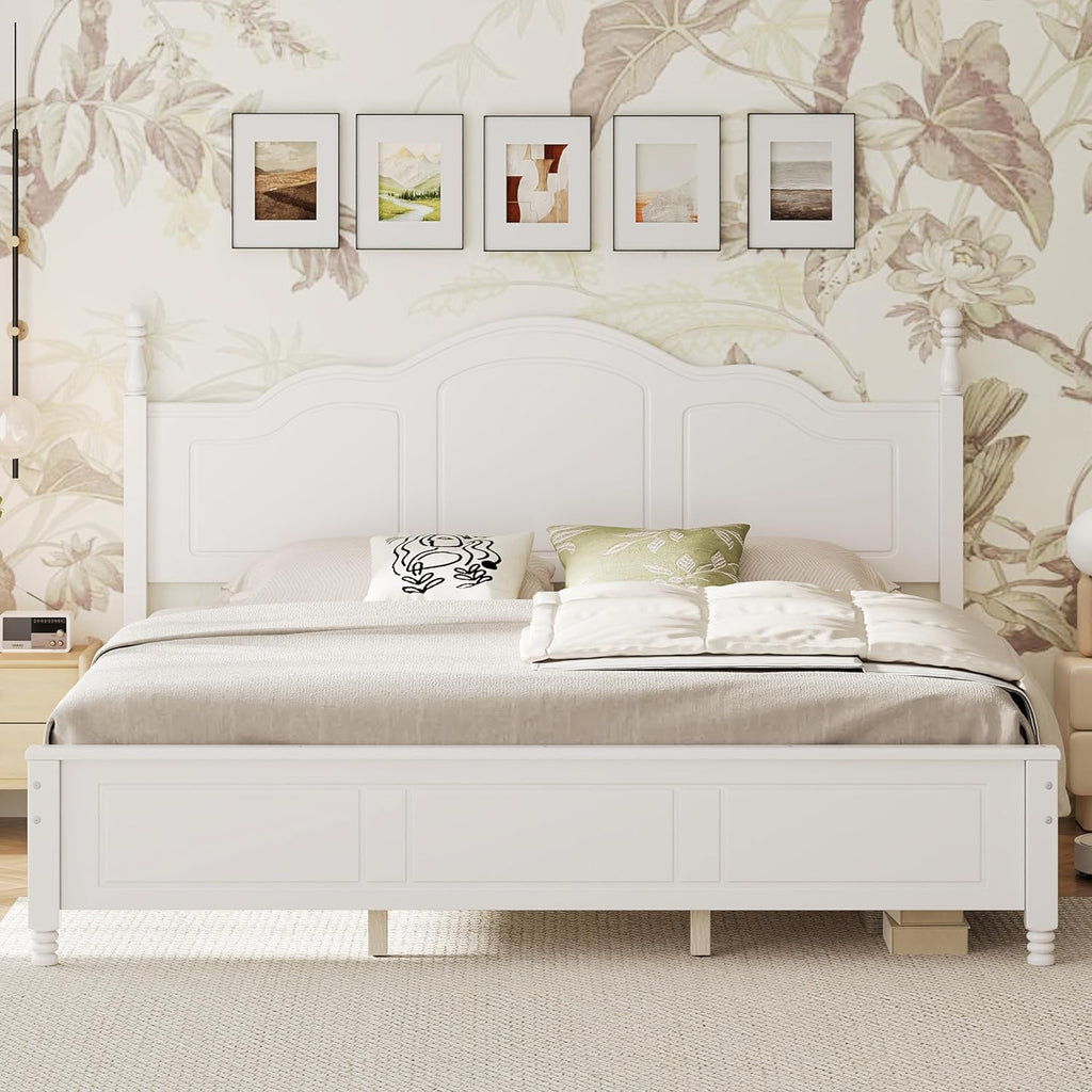 JIVOIT Wood King Bed Frame with Headboard and Footboard, Retro Style Platform Bed with Wooden Slat Support, Solid Wood Foundation, King Size Wooden Bed Frame (White,King Bed, 1)