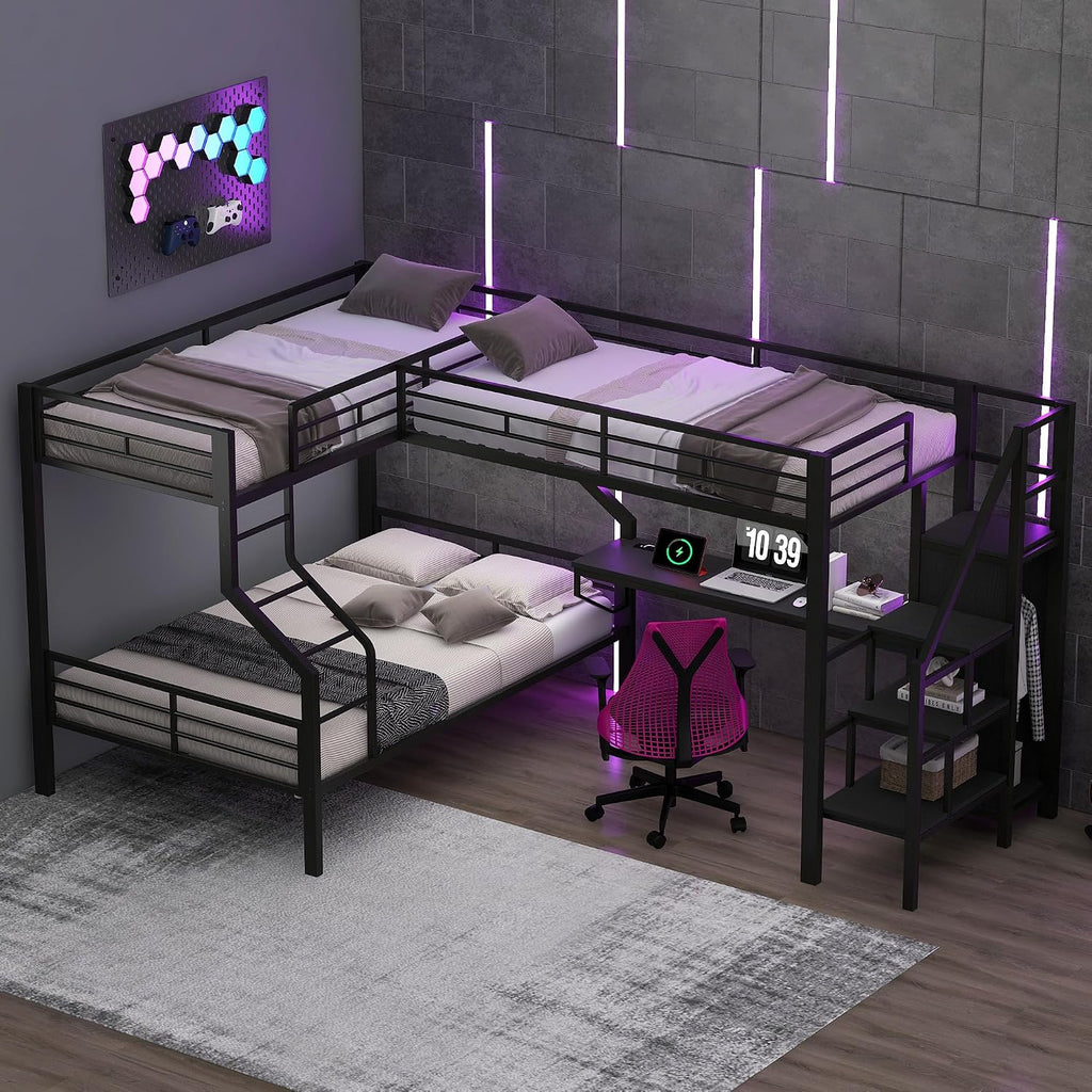 Merax Twin Over Full L-Shaped Metal Loft Bunk Bed with Built-in Desk, Storage Cabinet, and USB Charging Station – Modern Space-Saving Bedroom Set, Black
