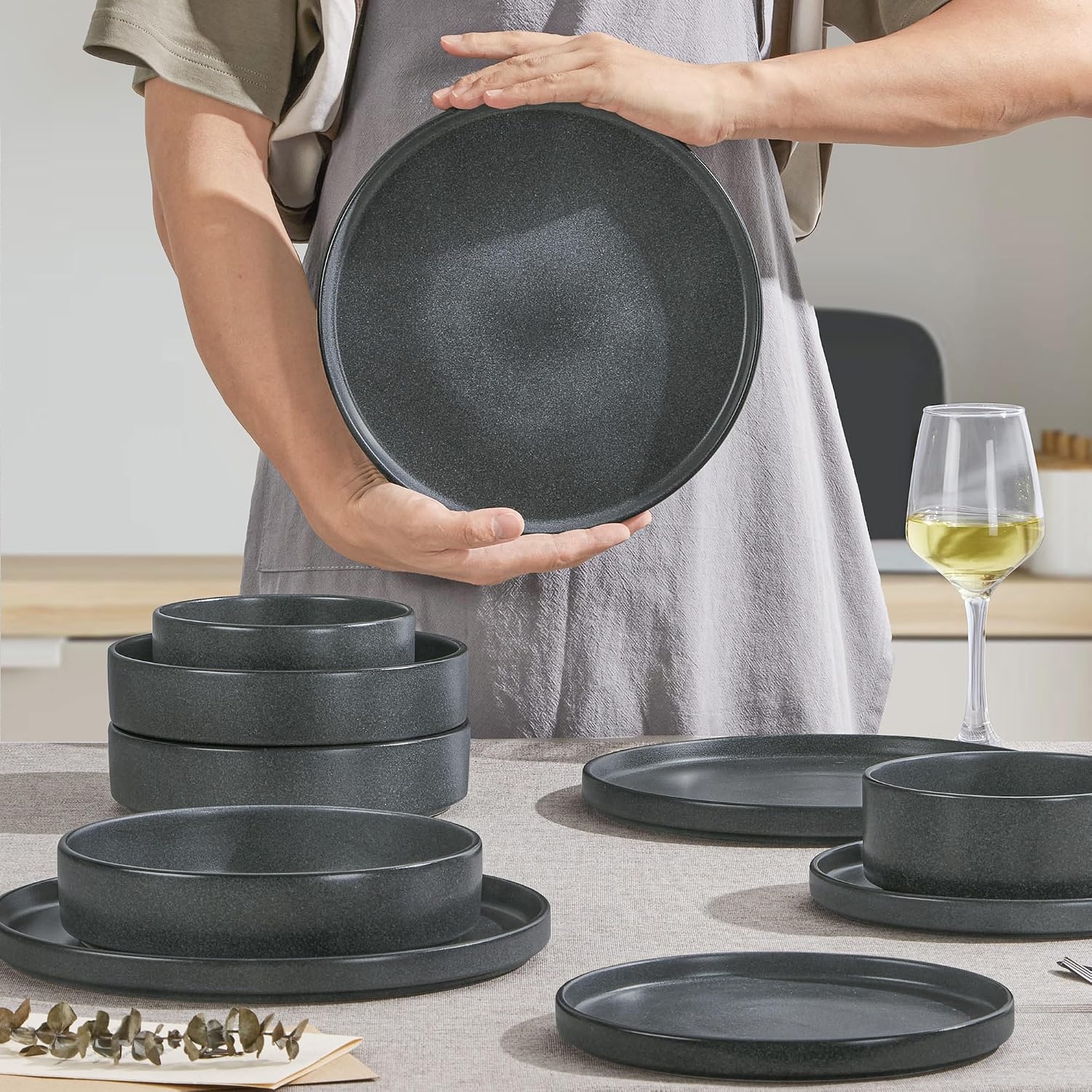 Herogo Dinnerware Dishes Sets with Salad Bowls, 24 Piece Plates and Bowls for 6, Dishwasher & Microwave Safe Ceramic Stoneware for Kitchen, Dark Gray