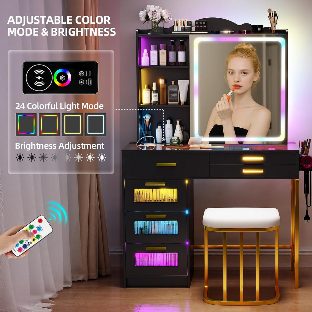 Glass Top Makeup Vanity Desk with RGB LED Light & Adjustable Mirror, Modern Makeup Dresser with Charging Station,Vanity Table Set with 6 Drawers & Hair Dryer Holder for Bedroom,Black