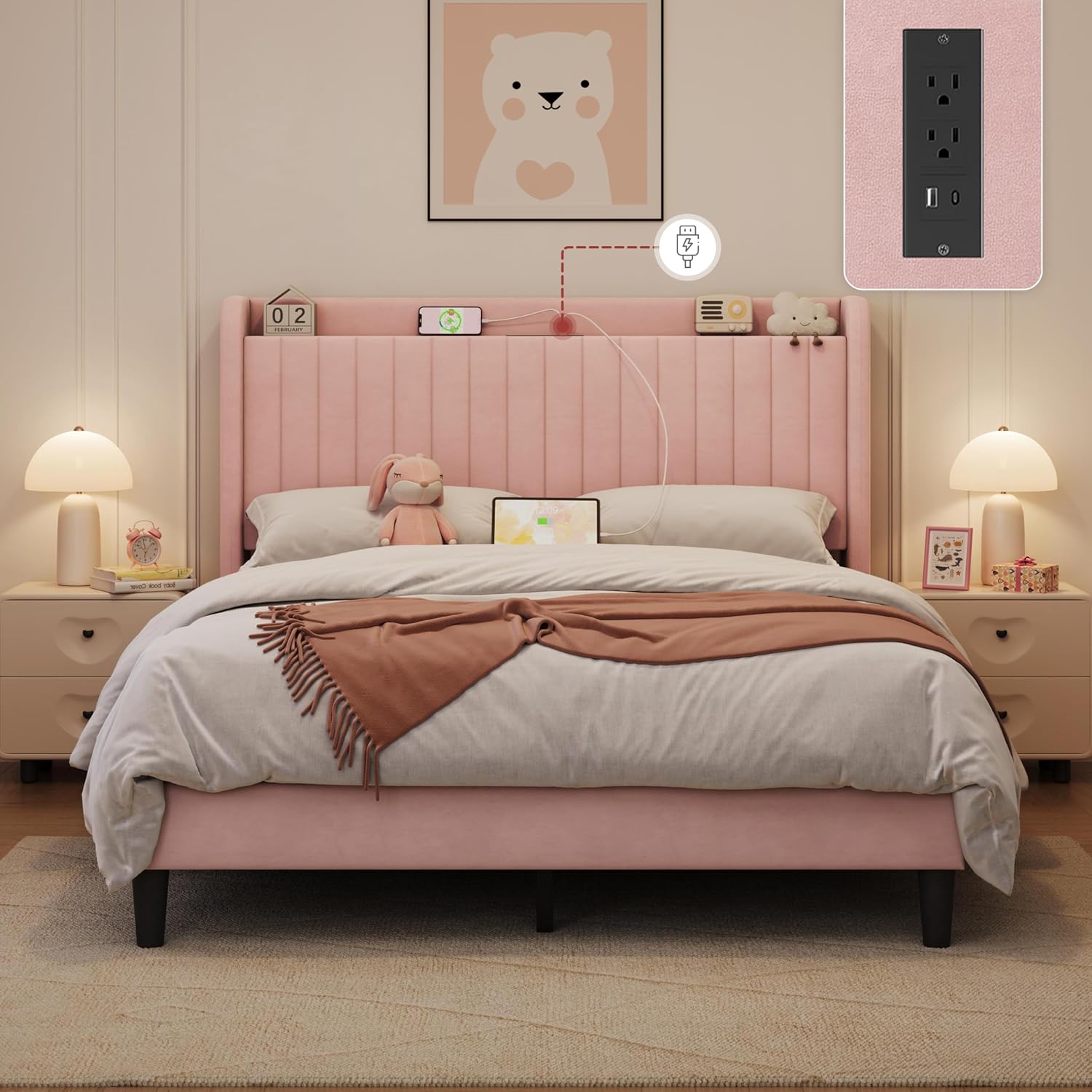 Yaheetech Queen Bed Frame with USB Charging Station and Storage Shelf/Upholstered Headboard Platform Bed with Wing Side/Wooden Slats Support/Noise Free/No Box Spring Needed/Easy Assembly, Pink