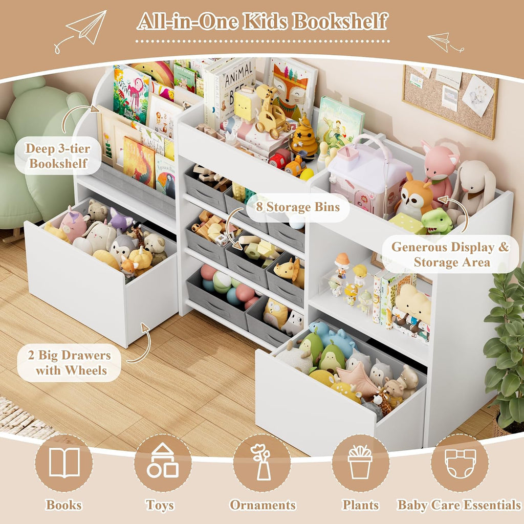 BOTLOG 62.2 inches Toy Storage Organizer and Kids Bookshelf, Toy Organizer with 2 Movable Drawers and 9 Box Bins, 4 Tier Toddler Bookshelf for Book Storage and Display