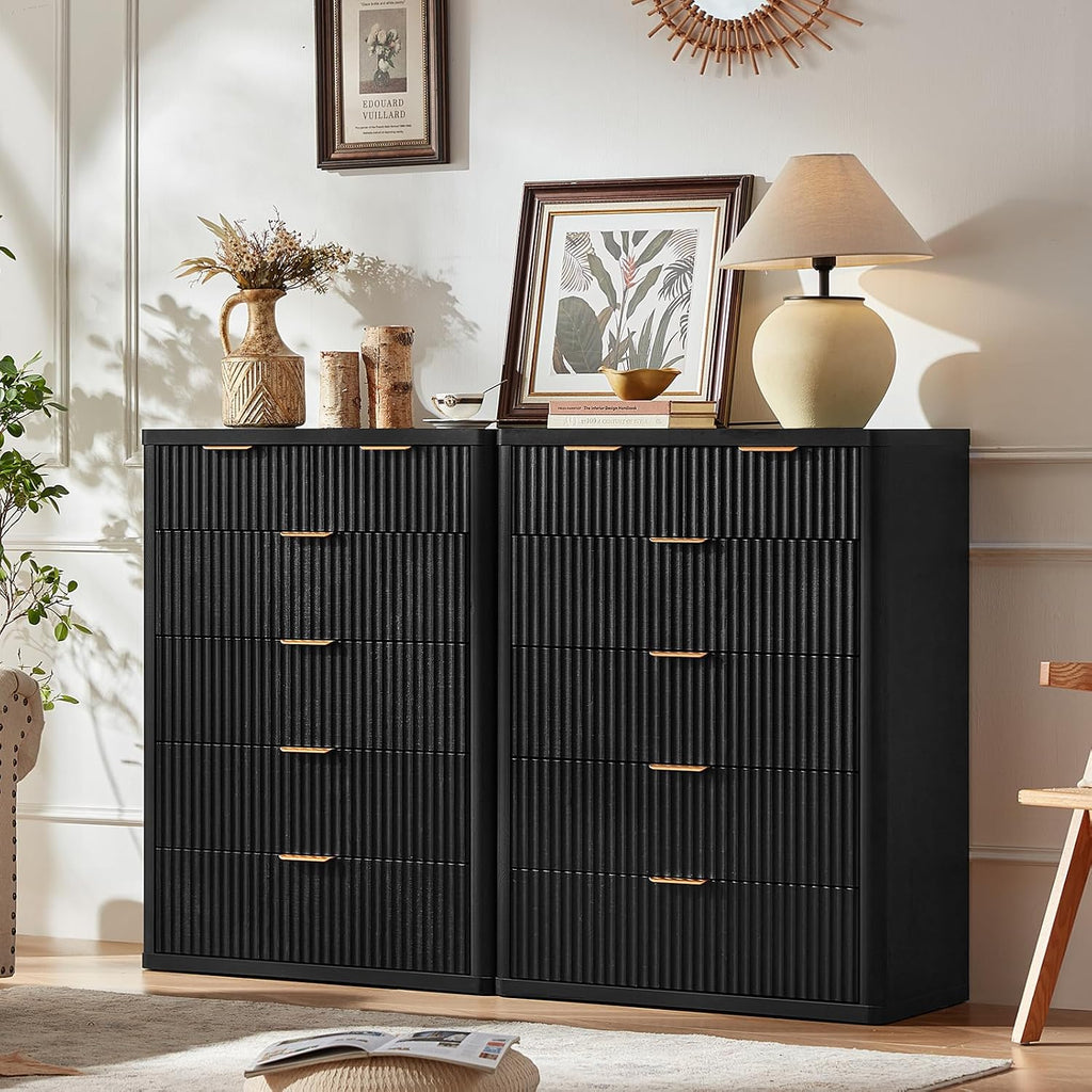 LEYAOYAO Fluted 6 Drawers Dresser for Bedroom, 42' Tall Modern Chest of Drawers with Metal Handle, Curved Profile Design,Black Wood Drawer Organizer for Bedroom, Living Room, Hallway, Entryway