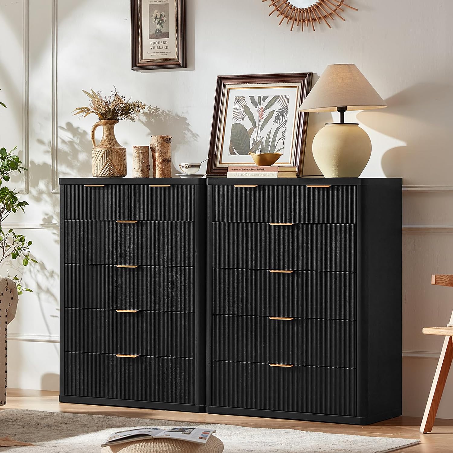LEYAOYAO Fluted 6 Drawers Dresser for Bedroom, 42' Tall Modern Chest of Drawers with Metal Handle, Curved Profile Design,Black Wood Drawer Organizer for Bedroom, Living Room, Hallway, Entryway