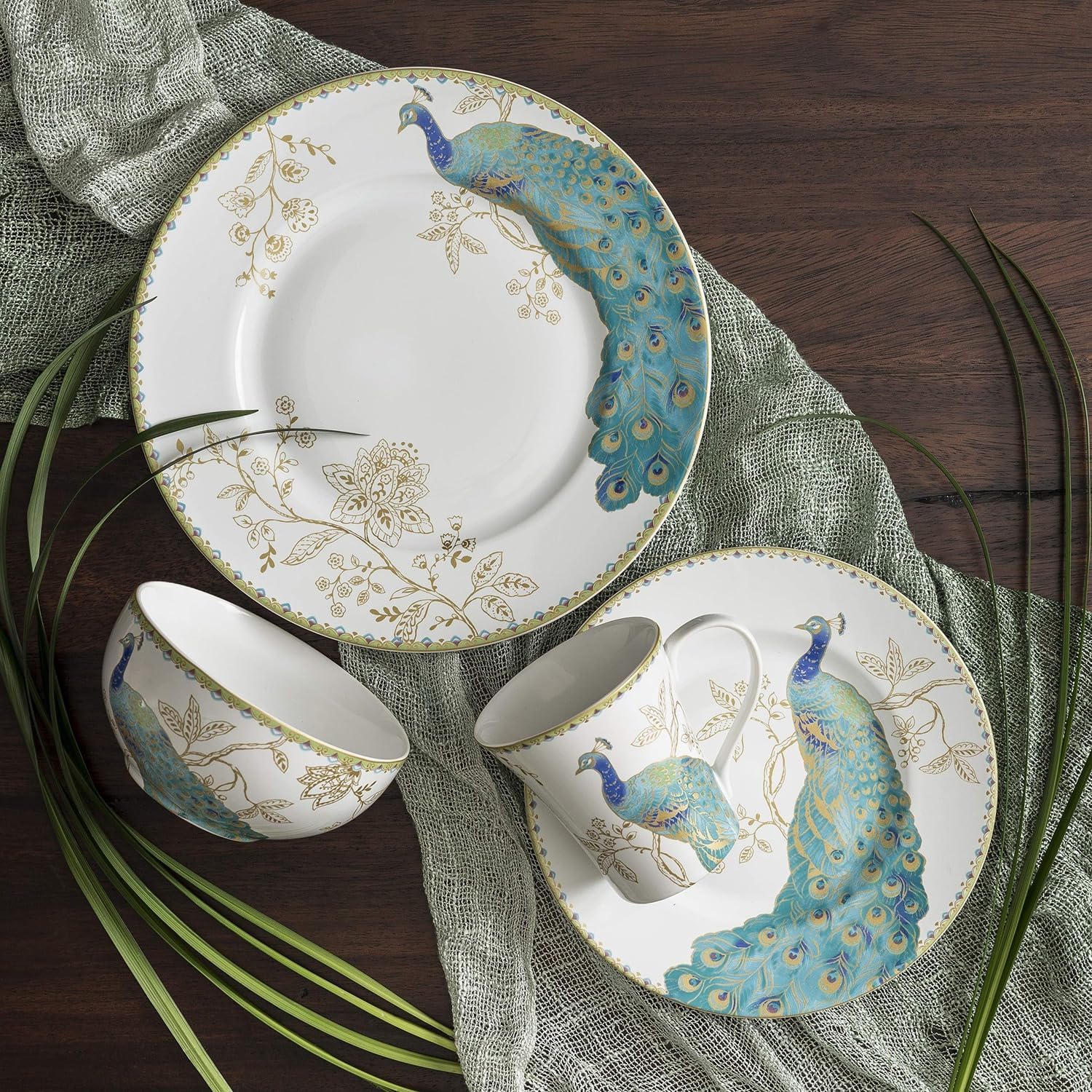 222 Fifth 16-Piece Porcelain Dinnerware Set for 4, Elegant Plates and Bowls Sets-White, Teal, Gold Ceramic Dishes, Chip Proof Kitchen and Dining Dish Set, Microwave & Dishwasher Safe, Peacock Garden