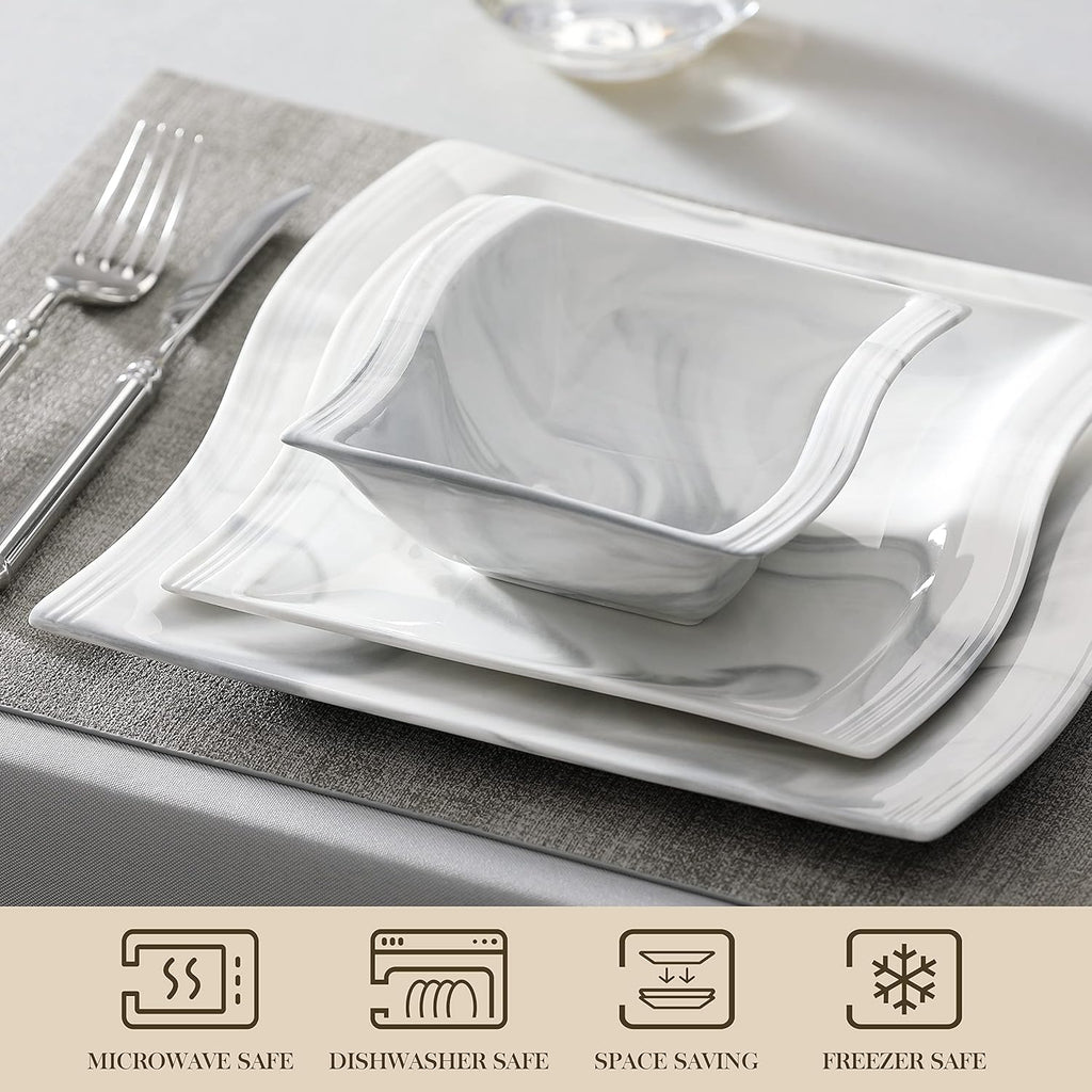 MALACASA 26-Piece Marble Grey Square Dinnerware Sets, Flora Porcelain Dinner Set for 6, Service for 6, Microwave & Dishwasher Safe, BPA, Lead & Cadmium Free