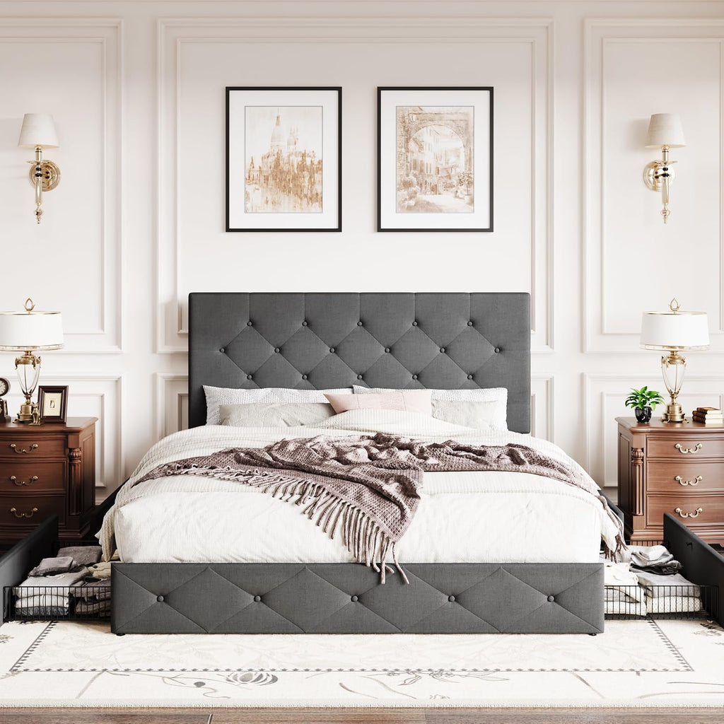 SHA CERLIN Upholstered Full Size Platform Bed Frame with 4 Storage Drawers, Adjustable Headboard with Diamond Stitched Button Tufted Design, Wooden Slat Support, No Box Spring Needed, Dark Grey