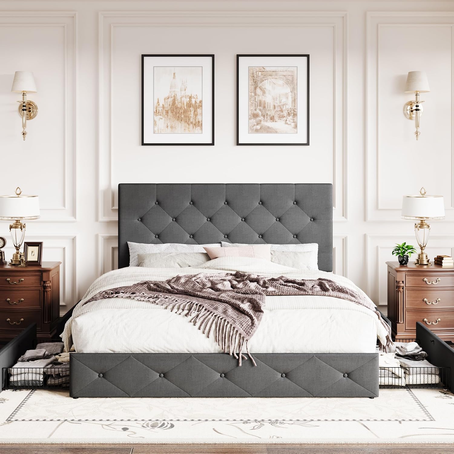 SHA CERLIN Upholstered Full Size Platform Bed Frame with 4 Storage Drawers, Adjustable Headboard with Diamond Stitched Button Tufted Design, Wooden Slat Support, No Box Spring Needed, Dark Grey