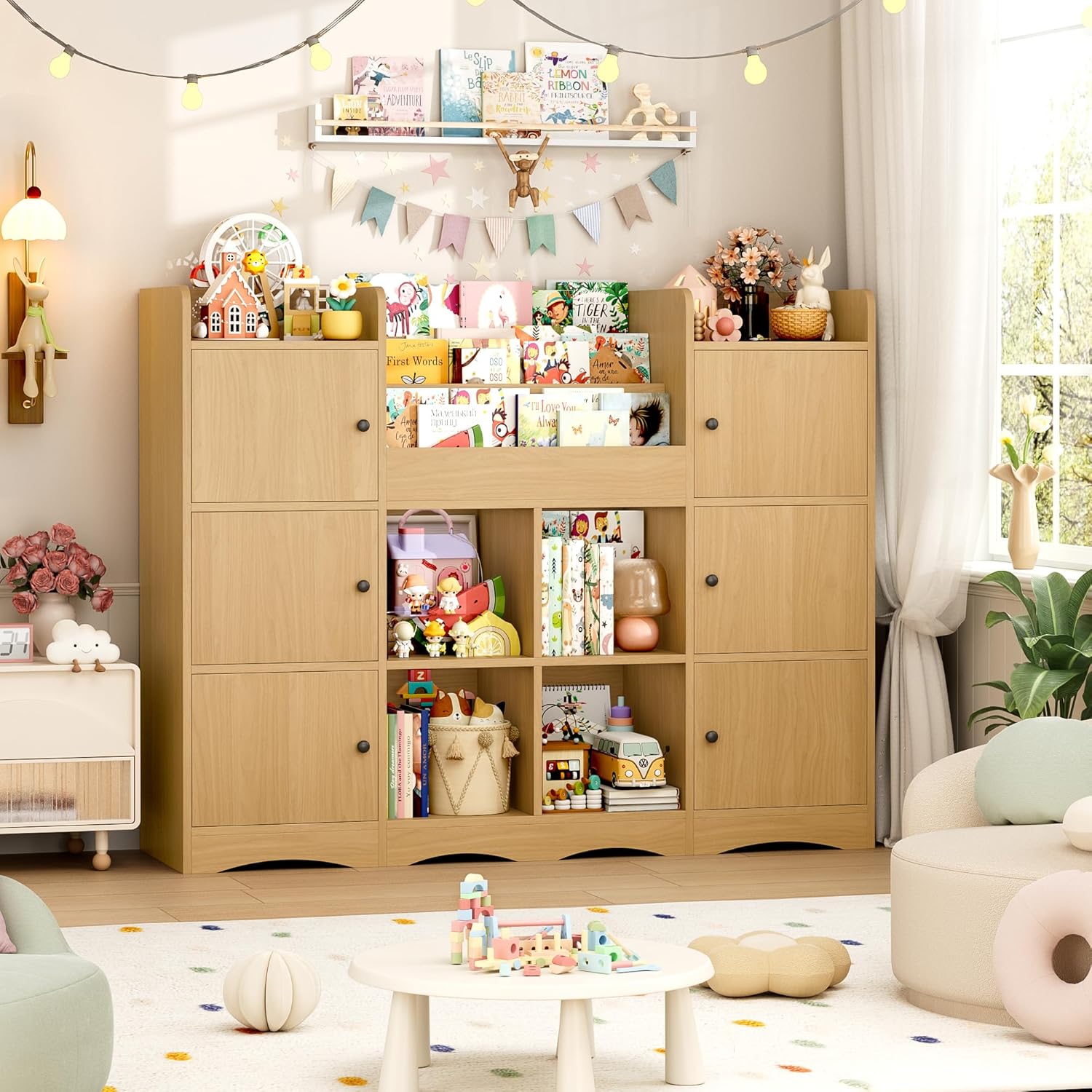 FINETONES Toy Shelf and Toy Storage, 55' Large Kids Bookshelf Toy Organizers and Storage with 10 Cubbies and 4 Tier Shelf, Toy Organizer and Chest with Raised-Edge Top Shelf for Playroom, Natural